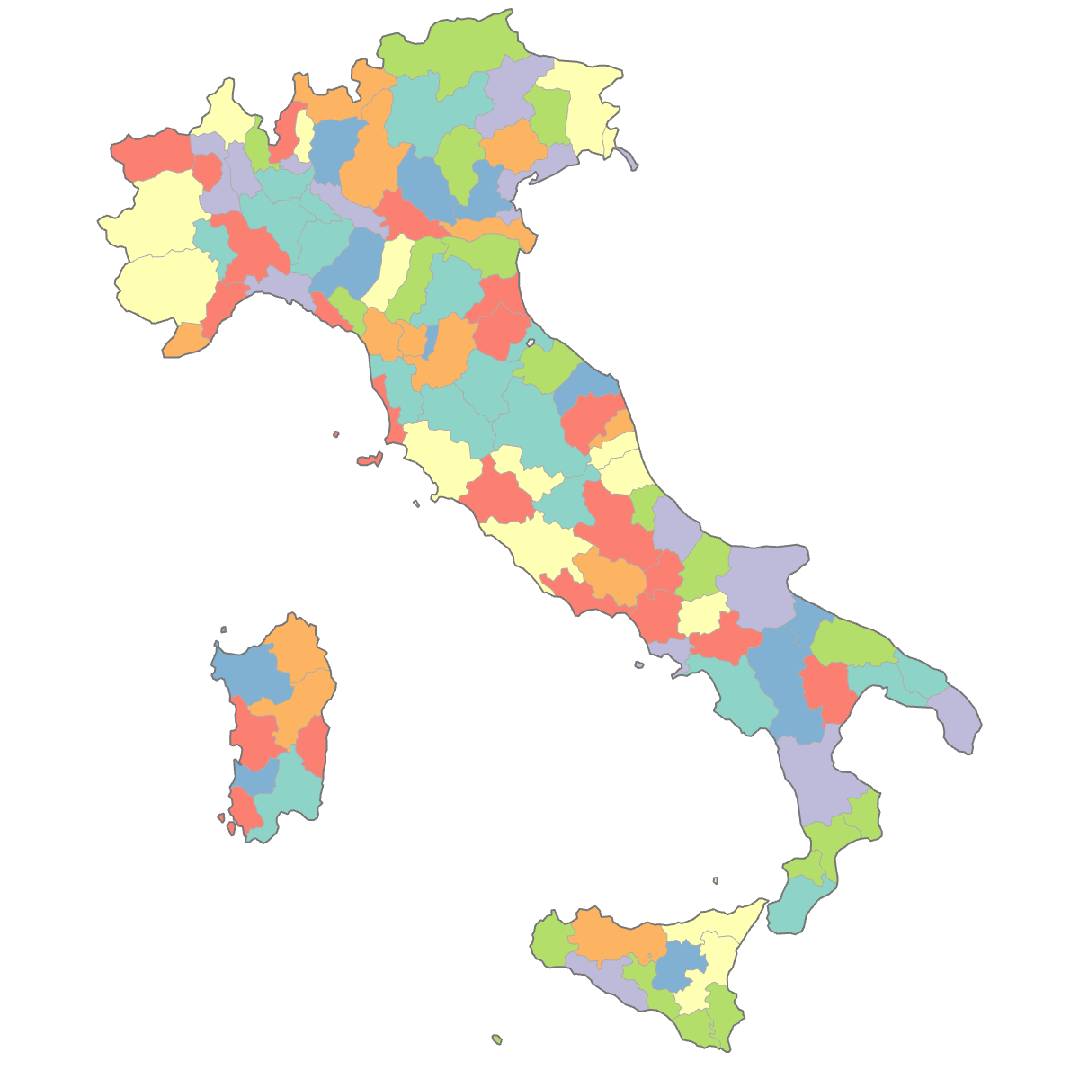 Colored Map of Italy Provinces