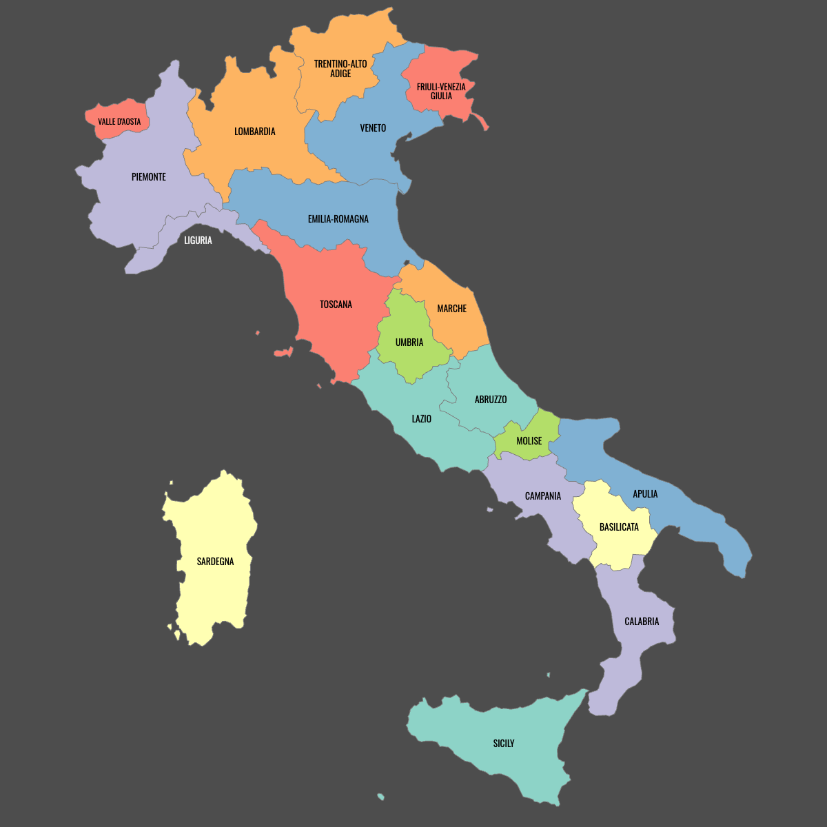 Colored Map of Italy Regions with Labels (Dark Theme)