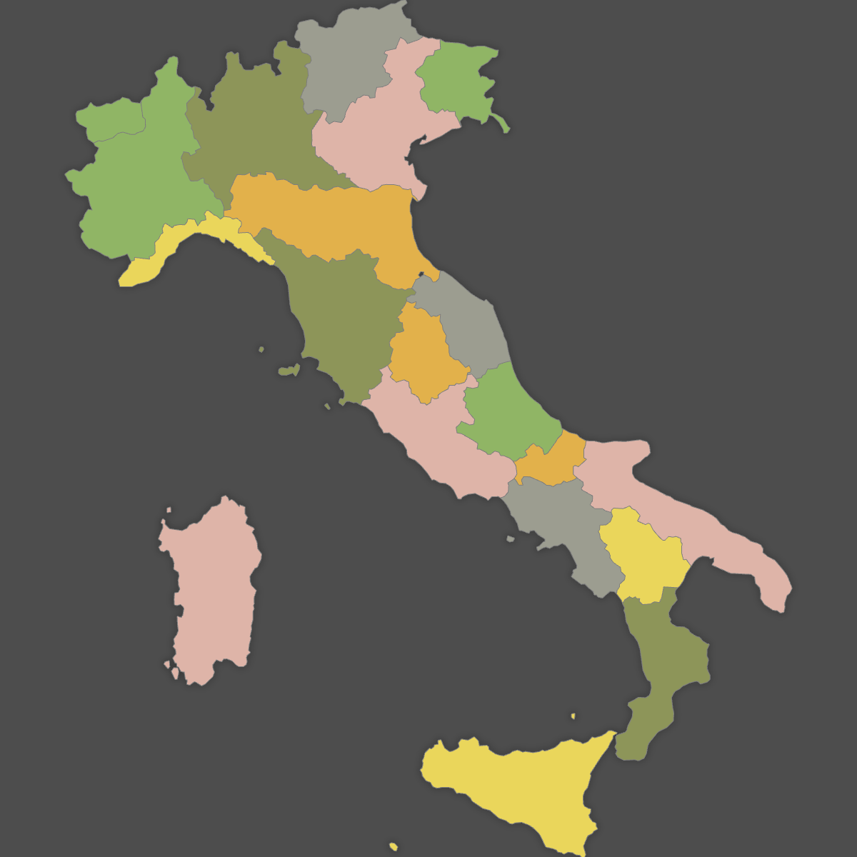 Colored Map of Italy Regions (Dark Theme)