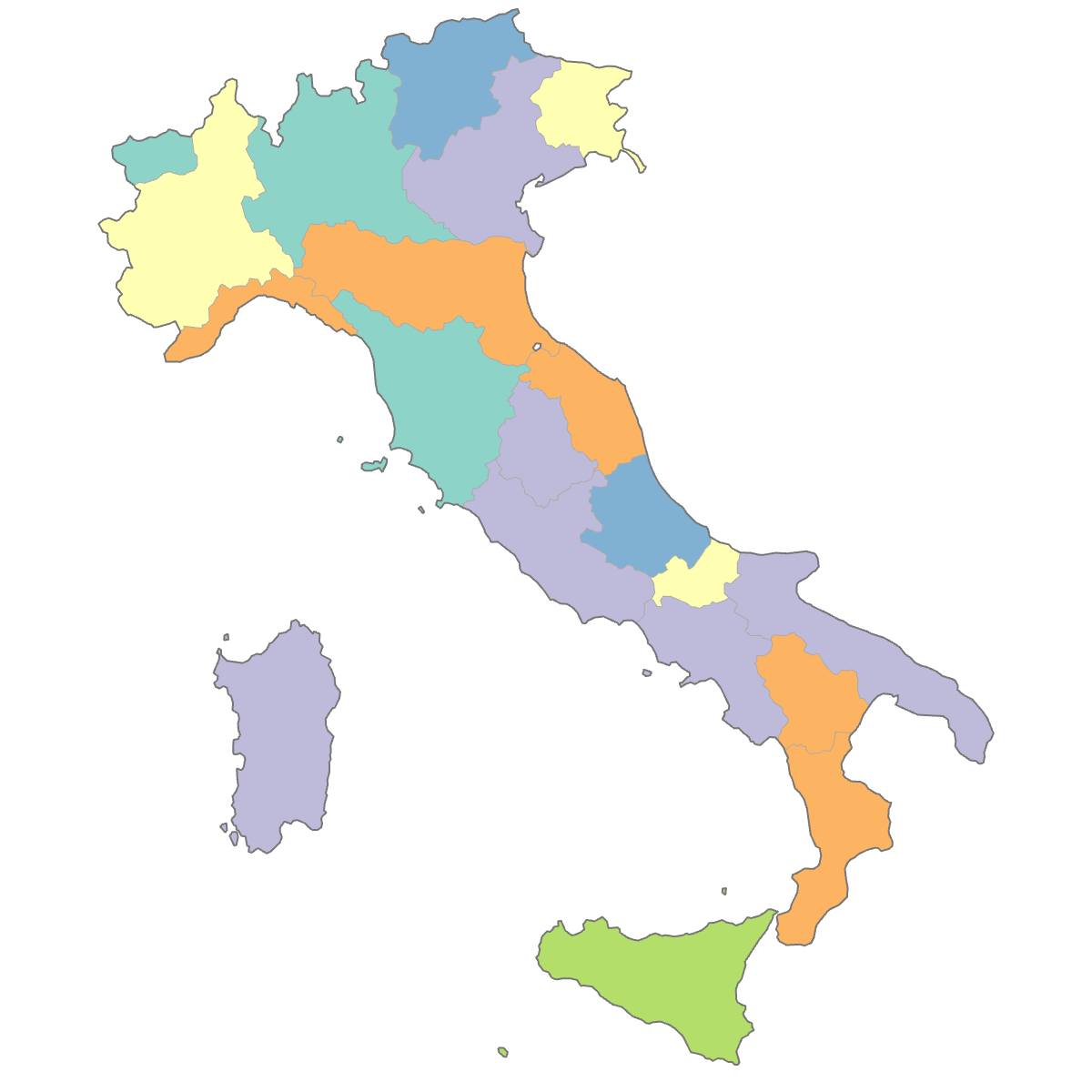 Colored Map of Italy Regions