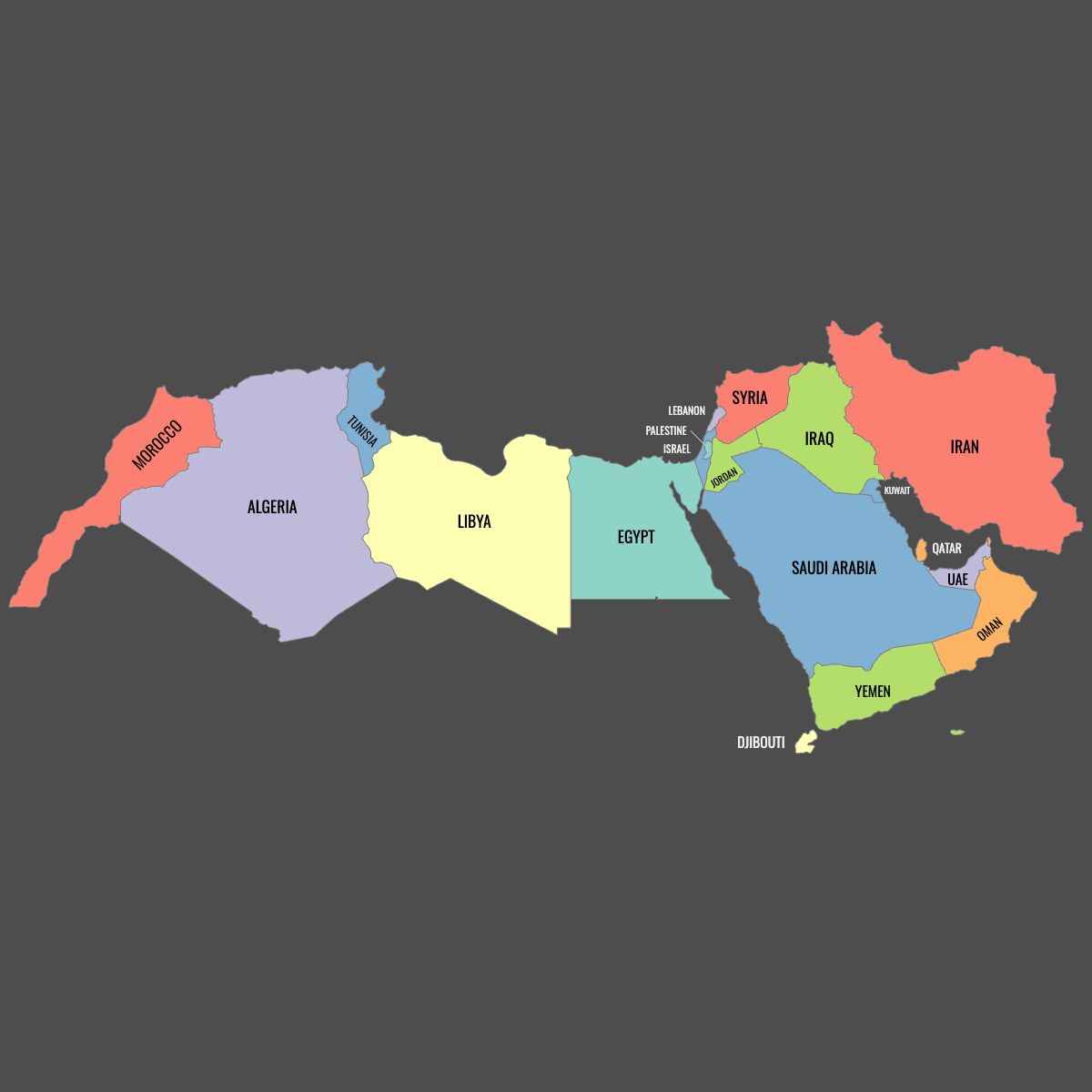 Colored Map of MENA Countries with Labels (Dark Theme)