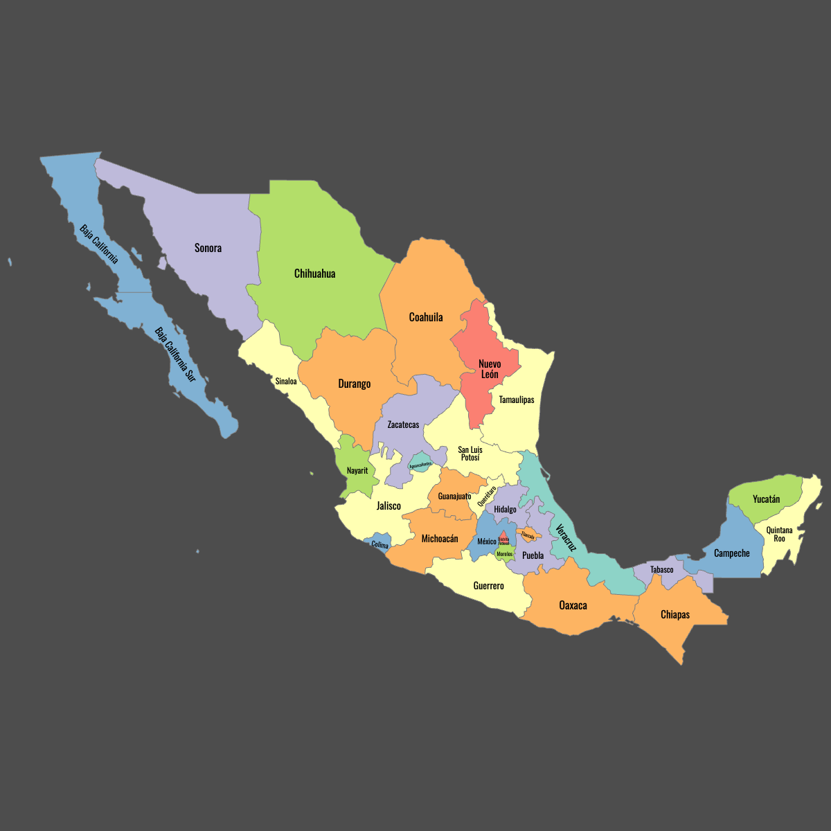 Colored Map of Mexico States with Labels (Dark Theme)