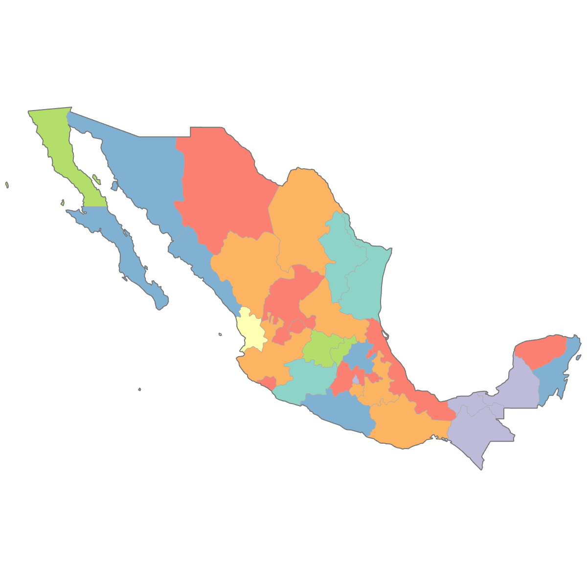 Colored Map of Mexico States