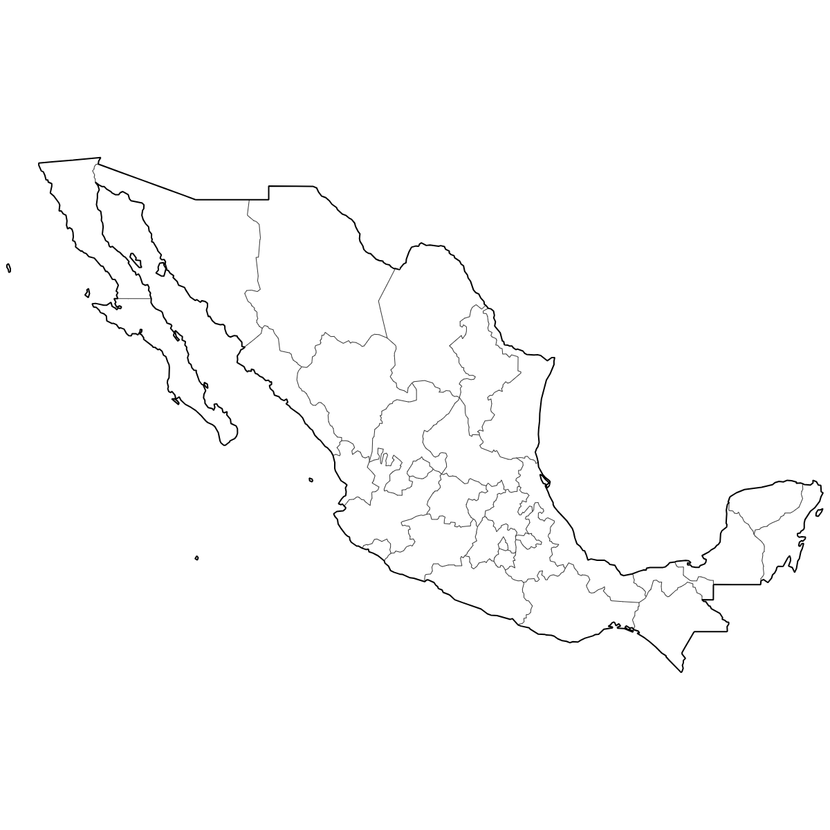 Outlined Map of Mexico States