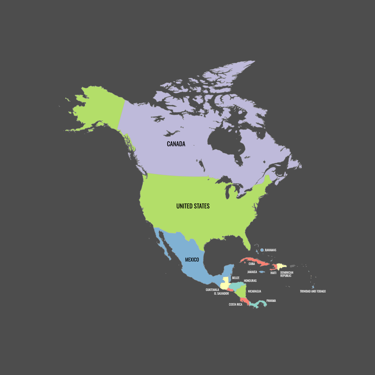 Colored Map of North America with Labels (Dark Theme)