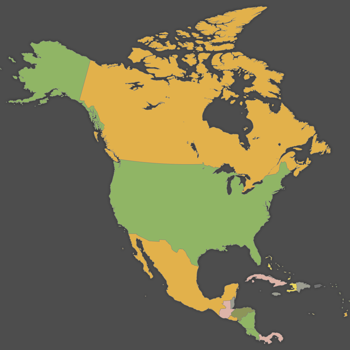 Colored Map of North America (Dark Theme)