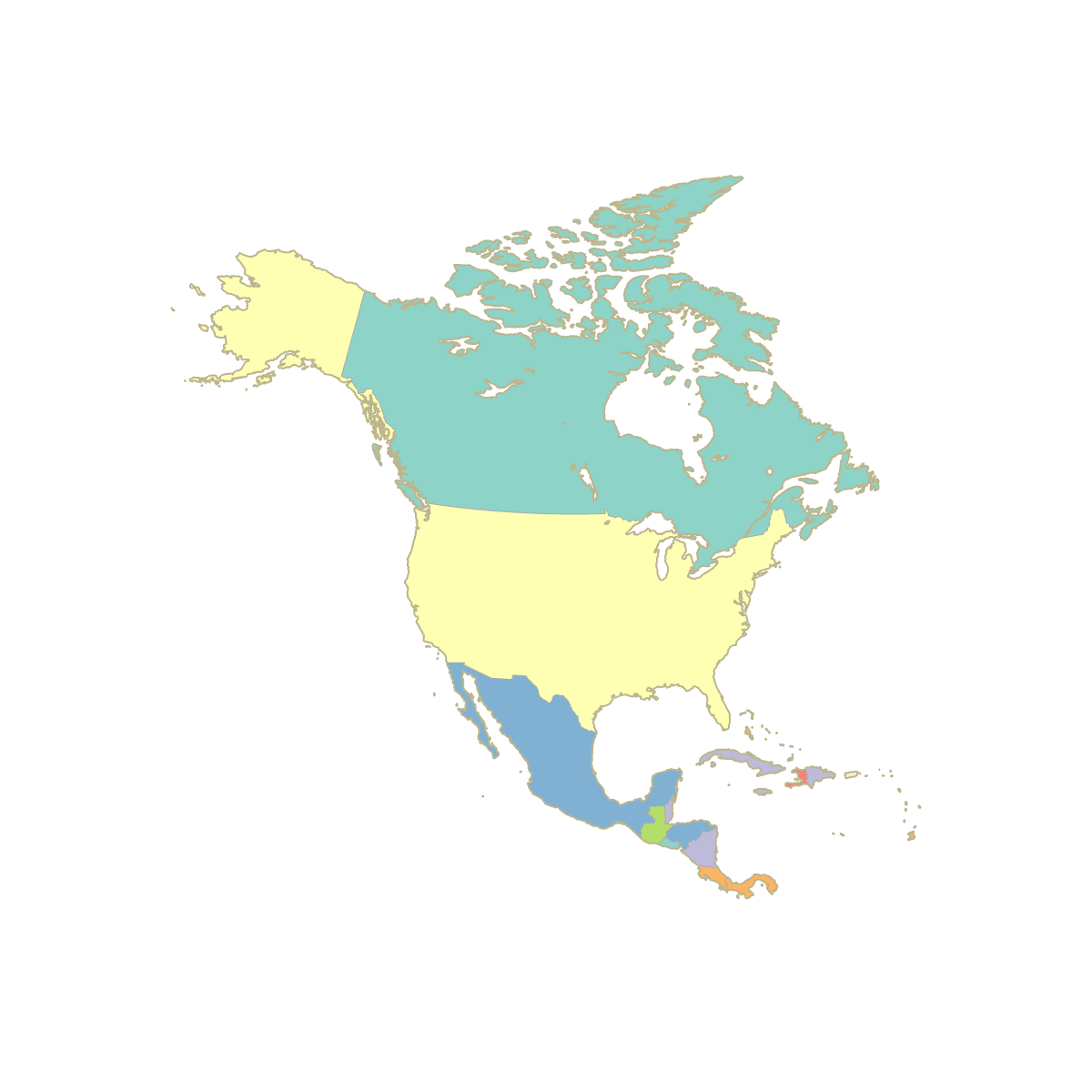 Colored Map of North America