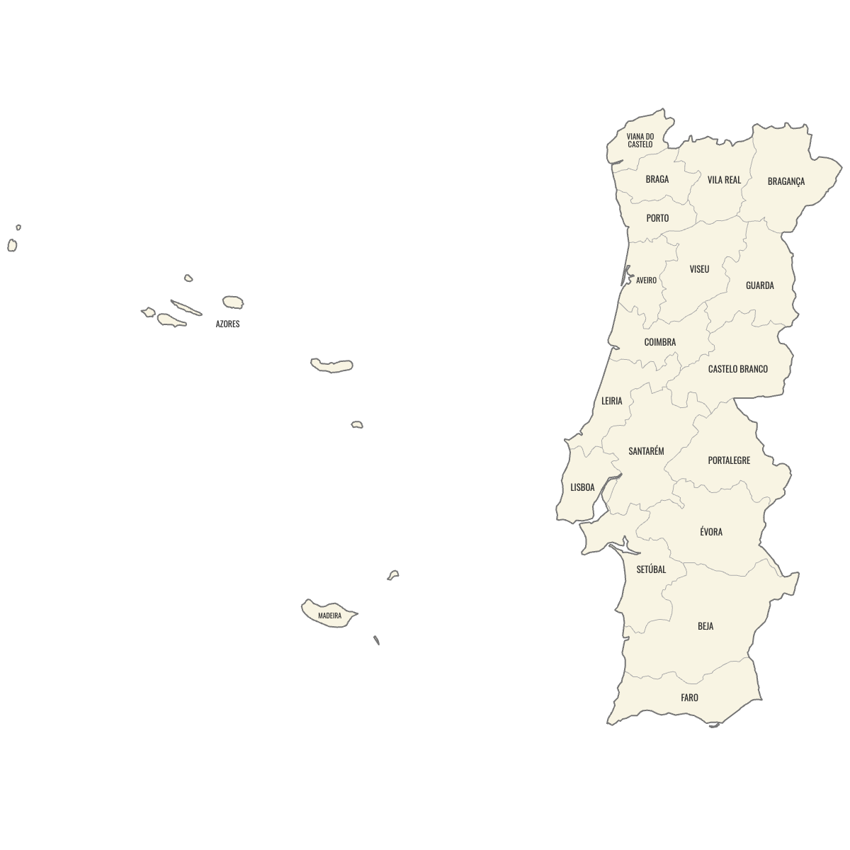 Blank Map of Portugal Districts with Labels