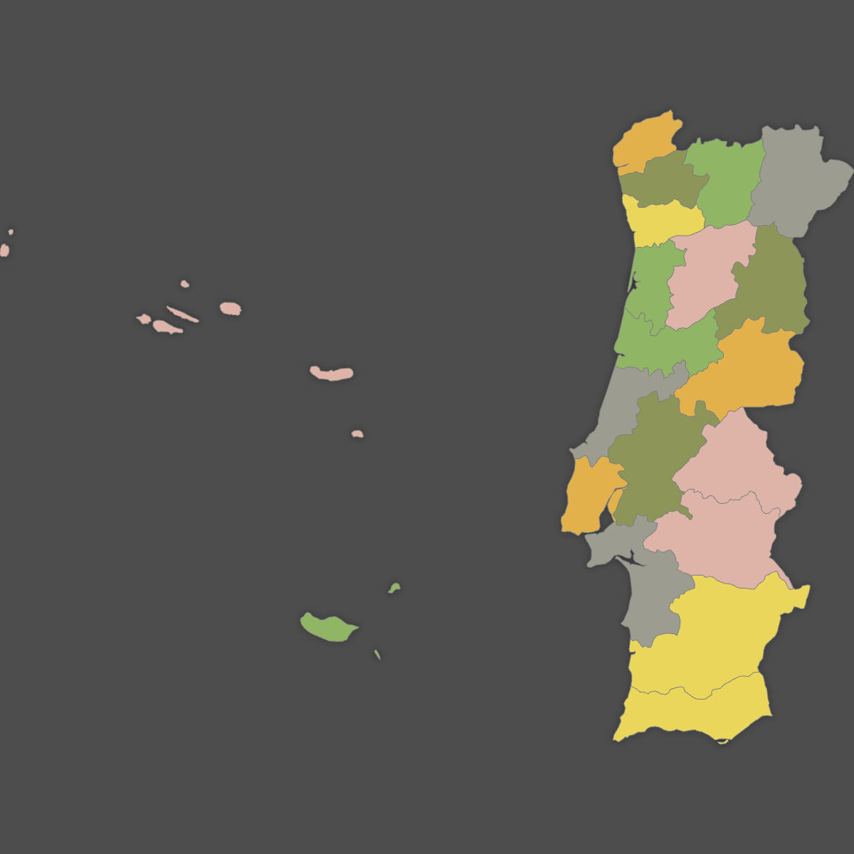 Colored Map of Portugal Districts (Dark Theme)