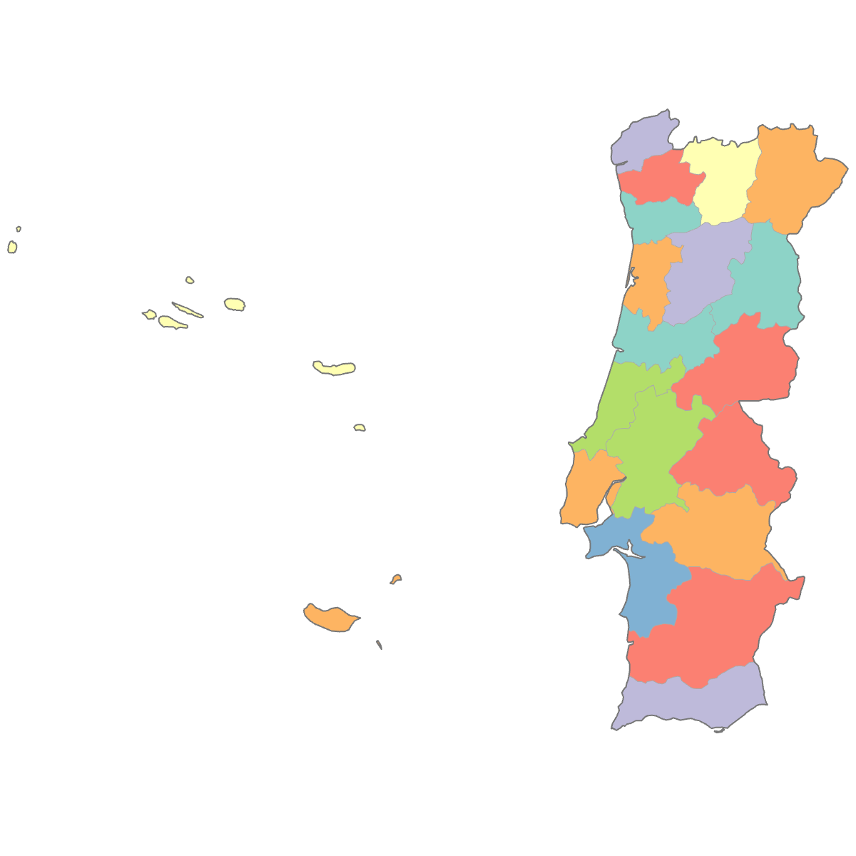 Colored Map of Portugal Districts