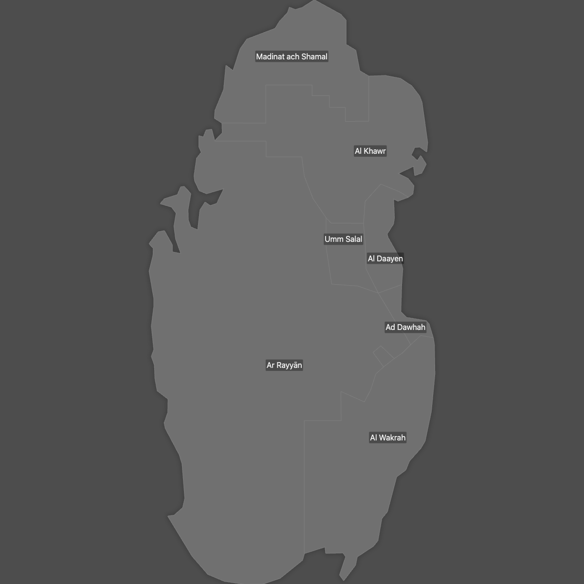 Blank Map of Qatar Municipalities with Labels (Dark Theme)