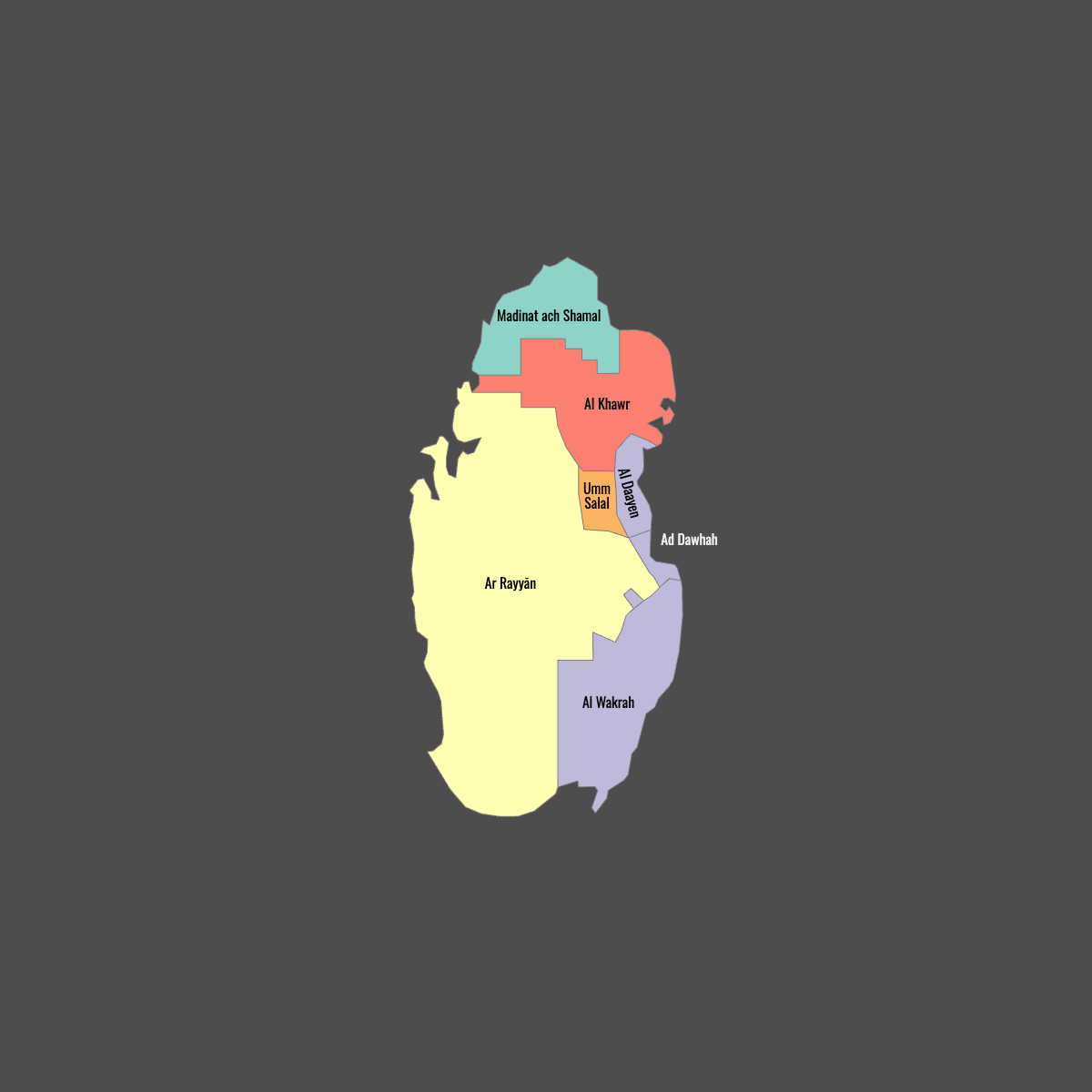 Colored Map of Qatar Municipalities with Labels (Dark Theme)