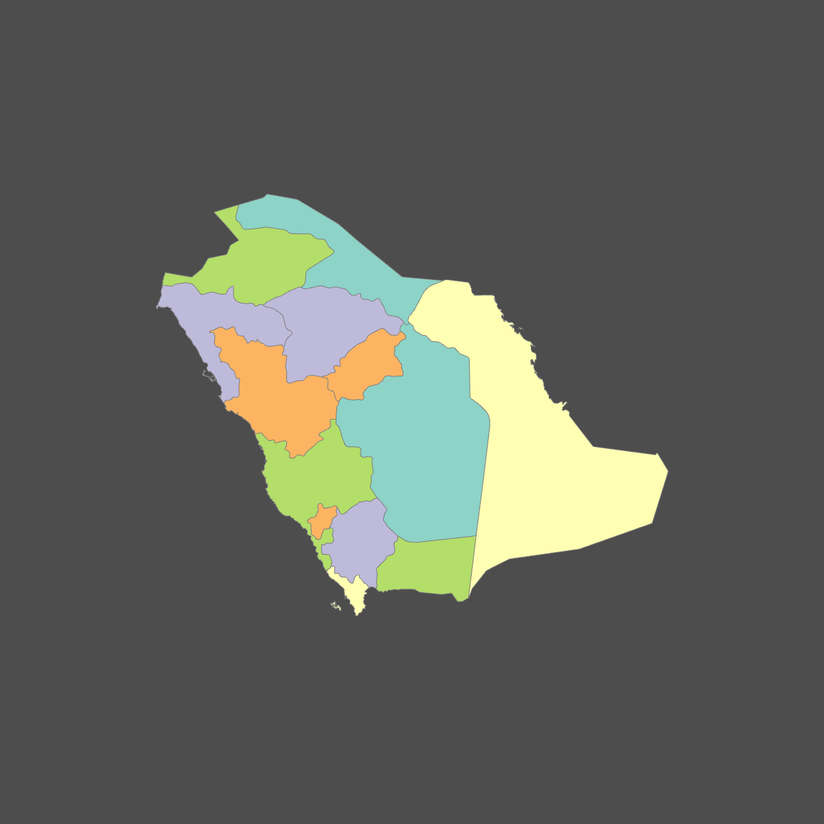 Colored Map of Saudi Arabia Provinces (Dark Theme)