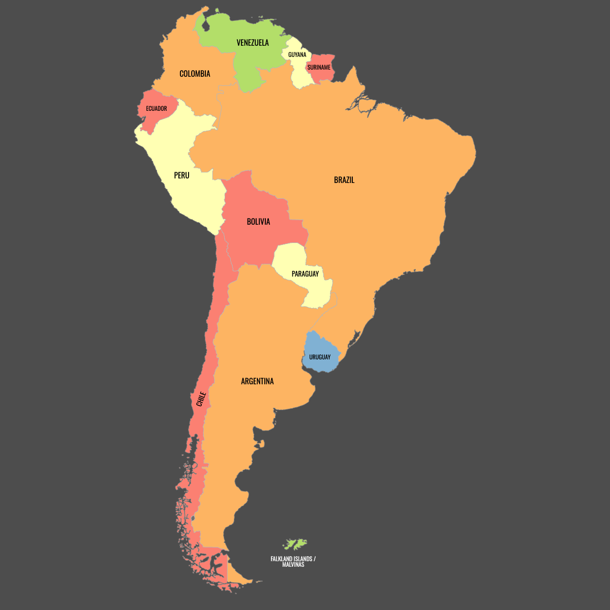 Colored Map of South America with Labels (Dark Theme)