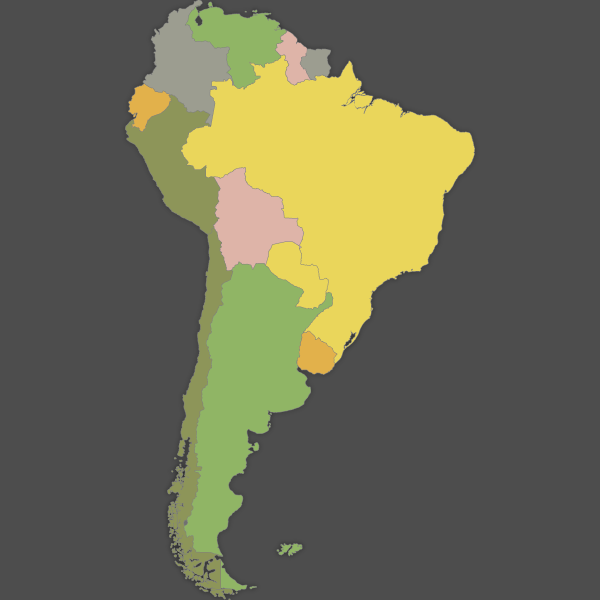 Colored Map of South America (Dark Theme)