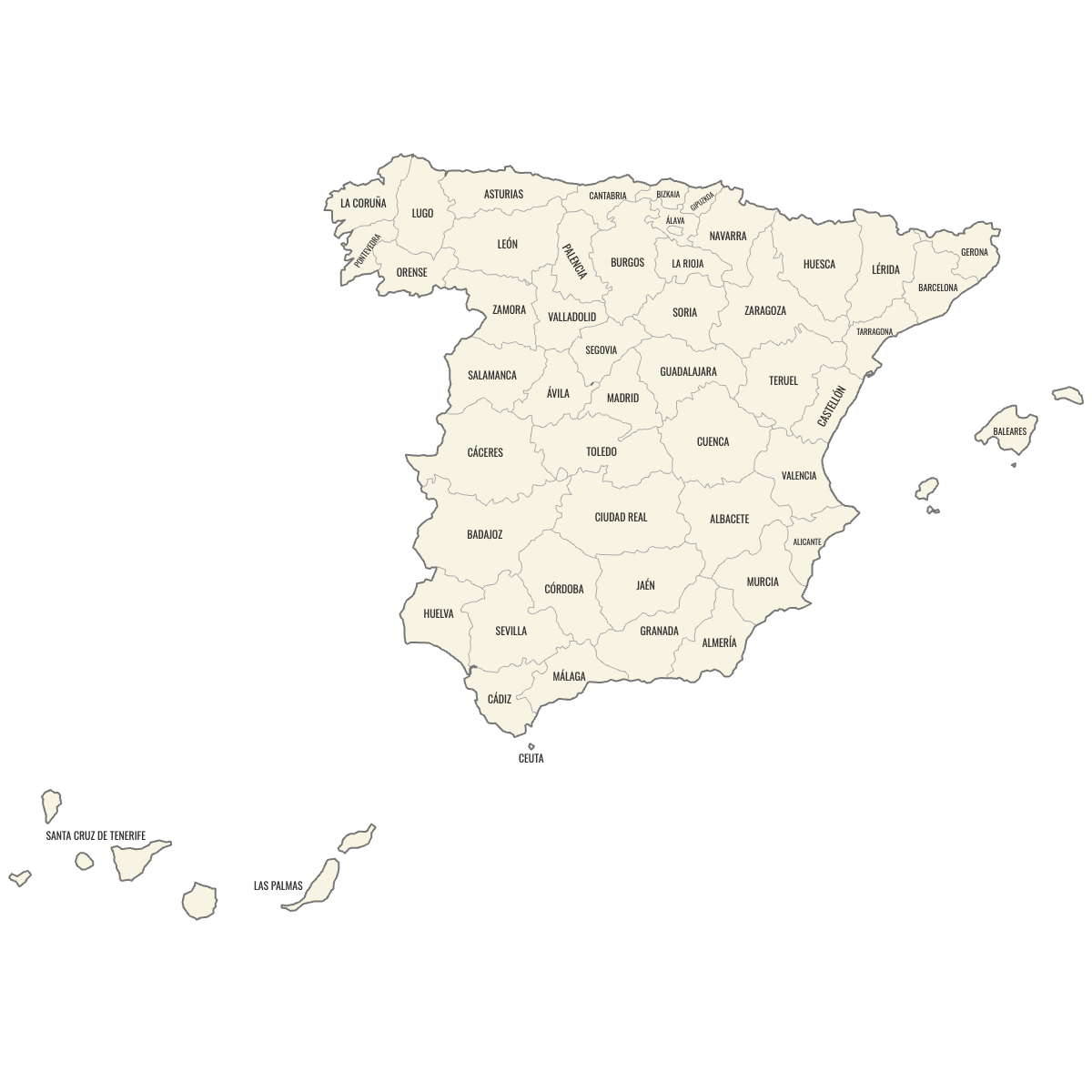 Blank Map of Spain Provinces with Labels