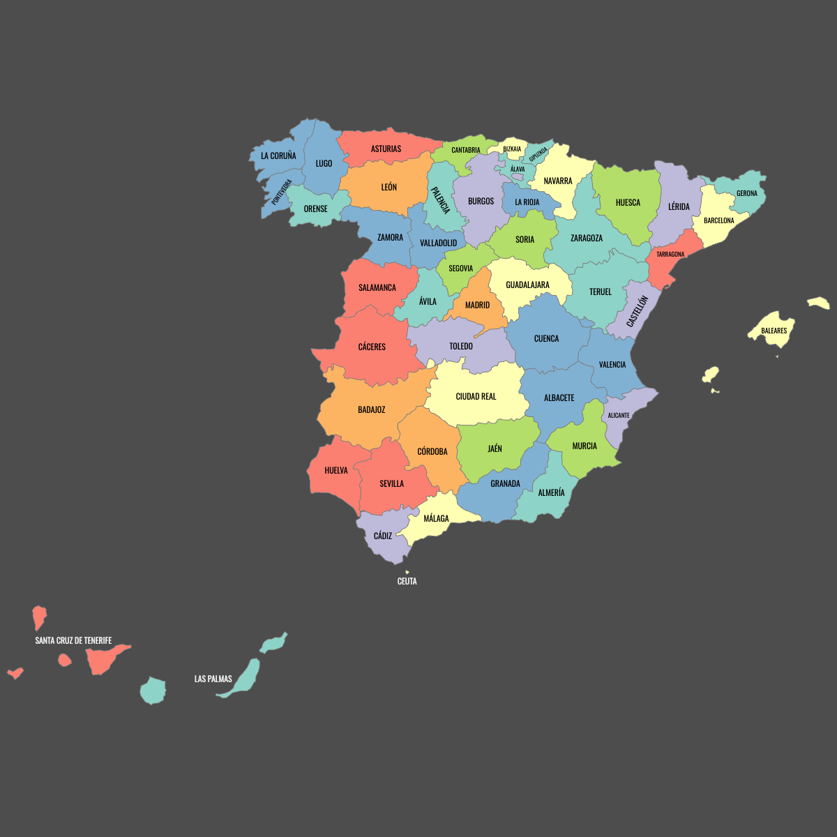 Colored Map of Spain Provinces with Labels (Dark Theme)