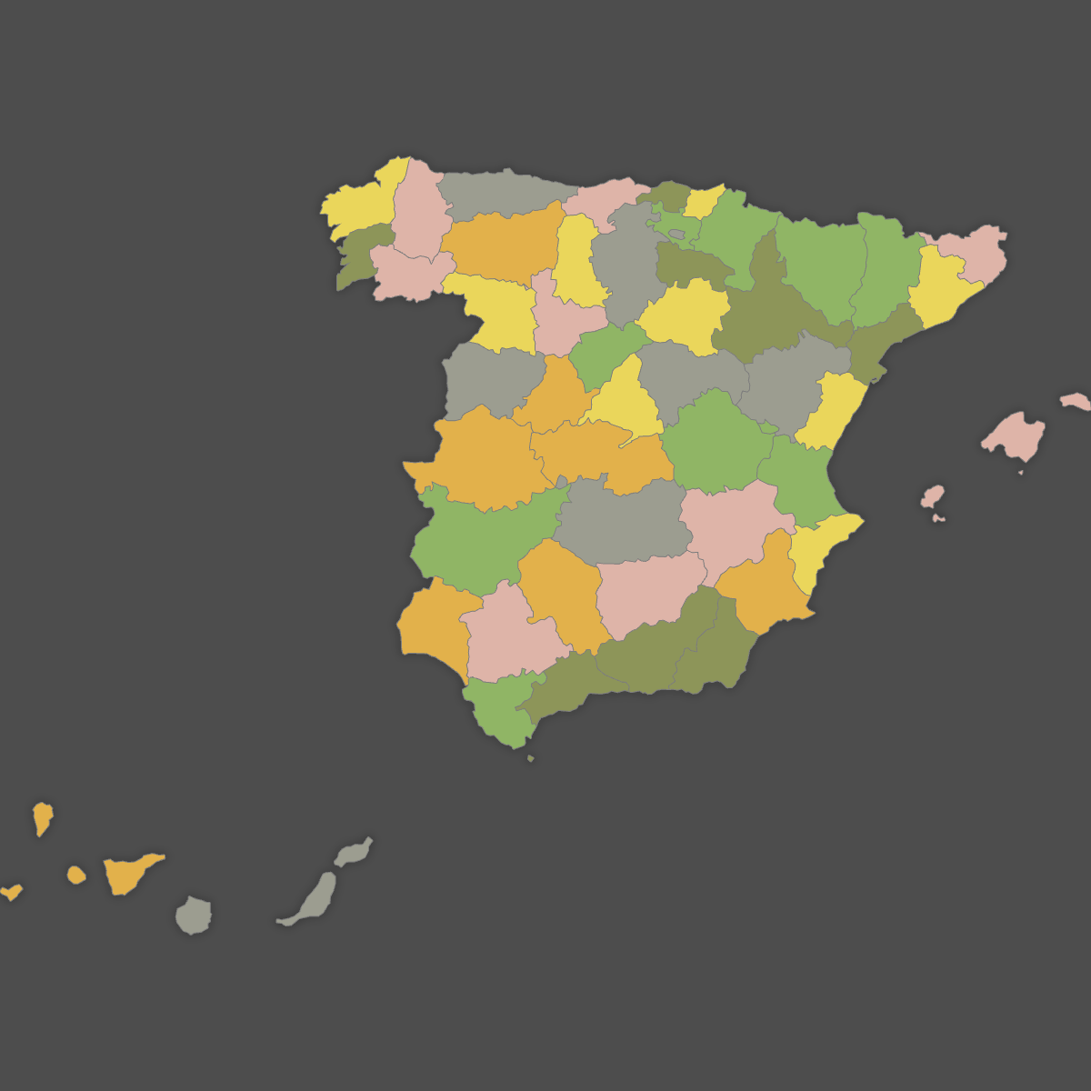 Colored Map of Spain Provinces (Dark Theme)