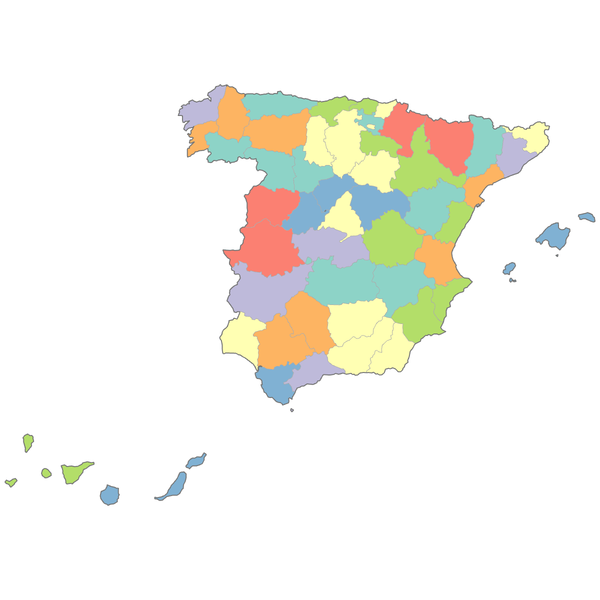 Colored Map of Spain Provinces