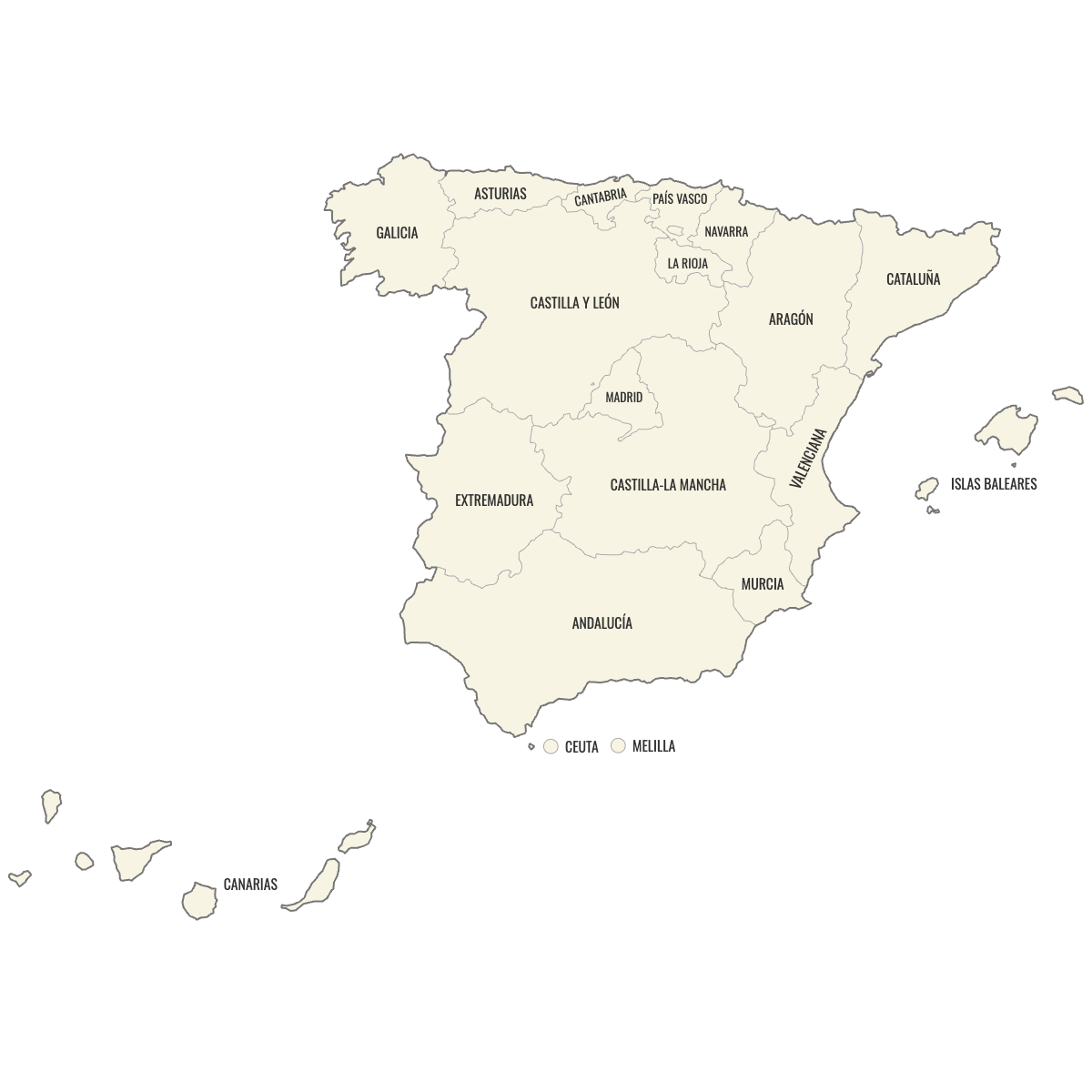 Blank Map of Spain Communities with Labels