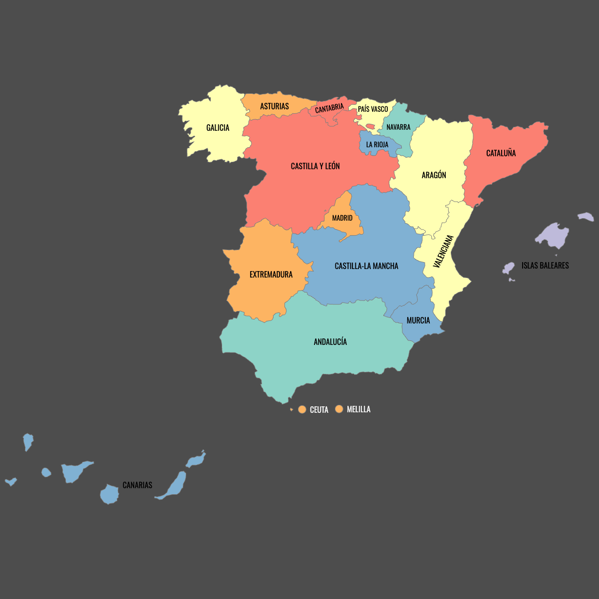 Colored Map of Spain Communities with Labels (Dark Theme)