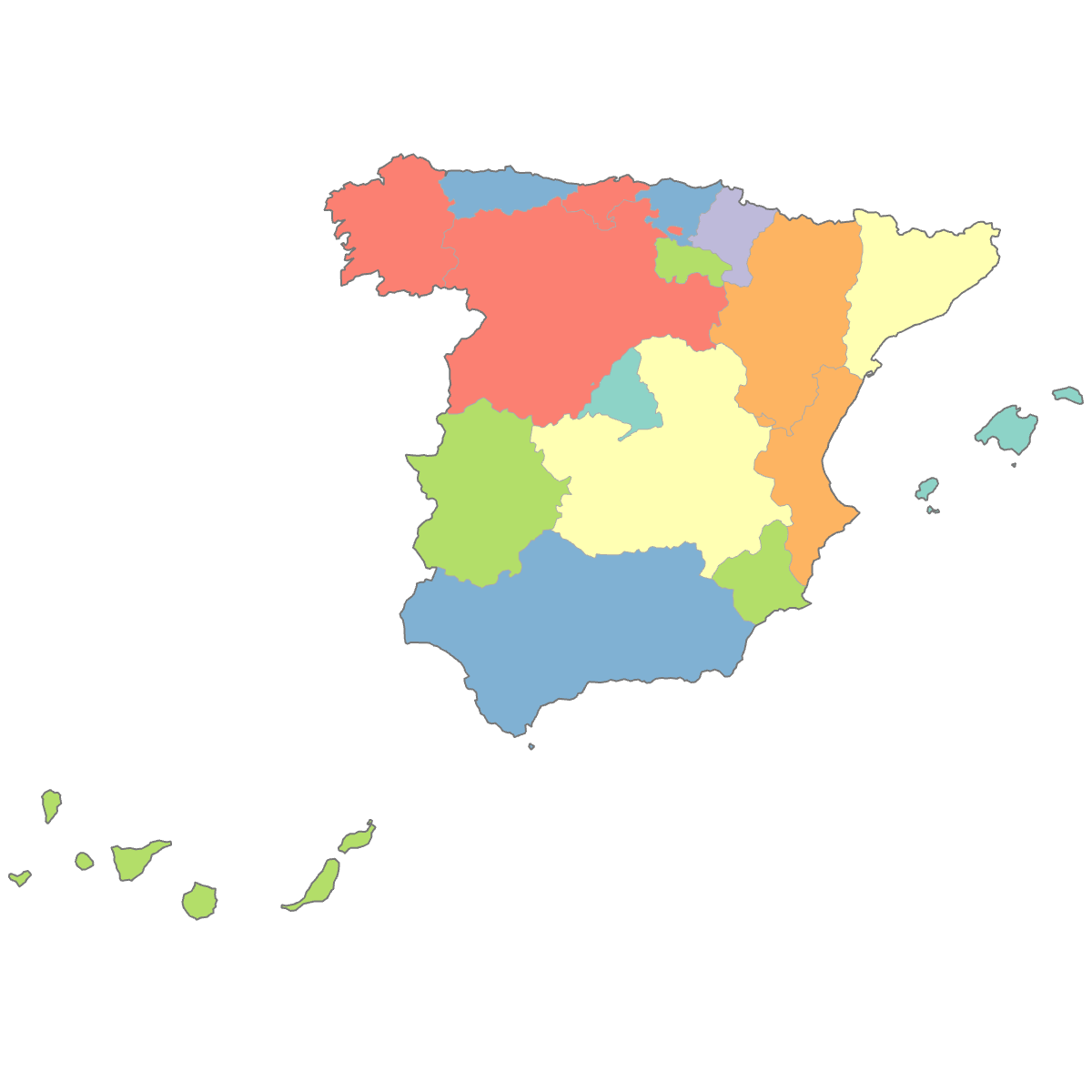 Colored Map of Spain Communities