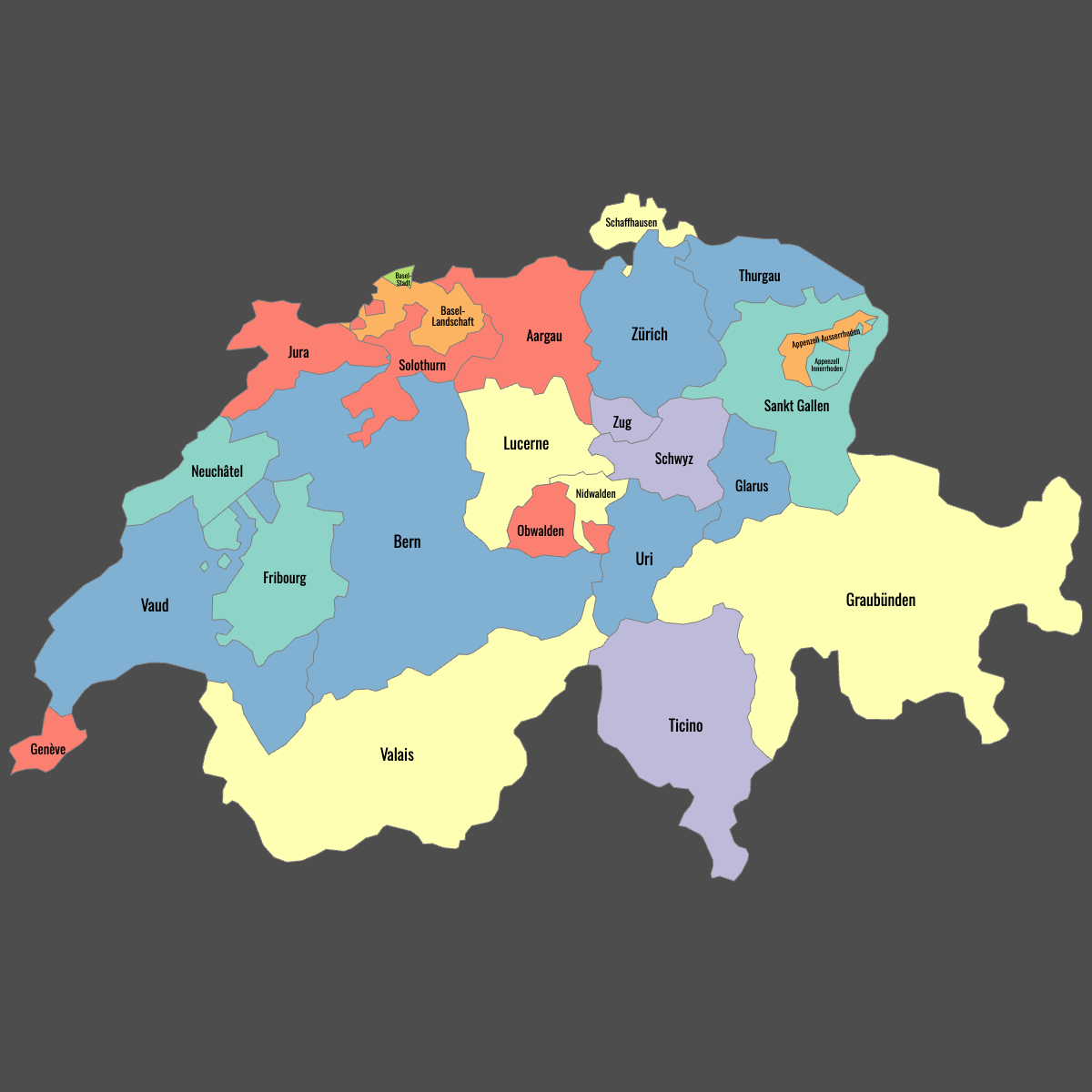 Colored Map of Switzerland Cantons with Labels (Dark Theme)