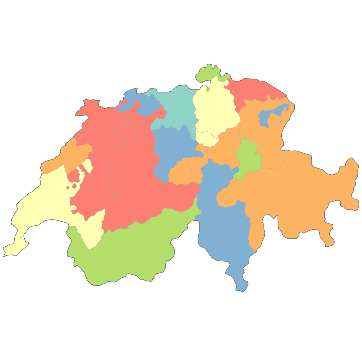 Colored Map of Switzerland Cantons