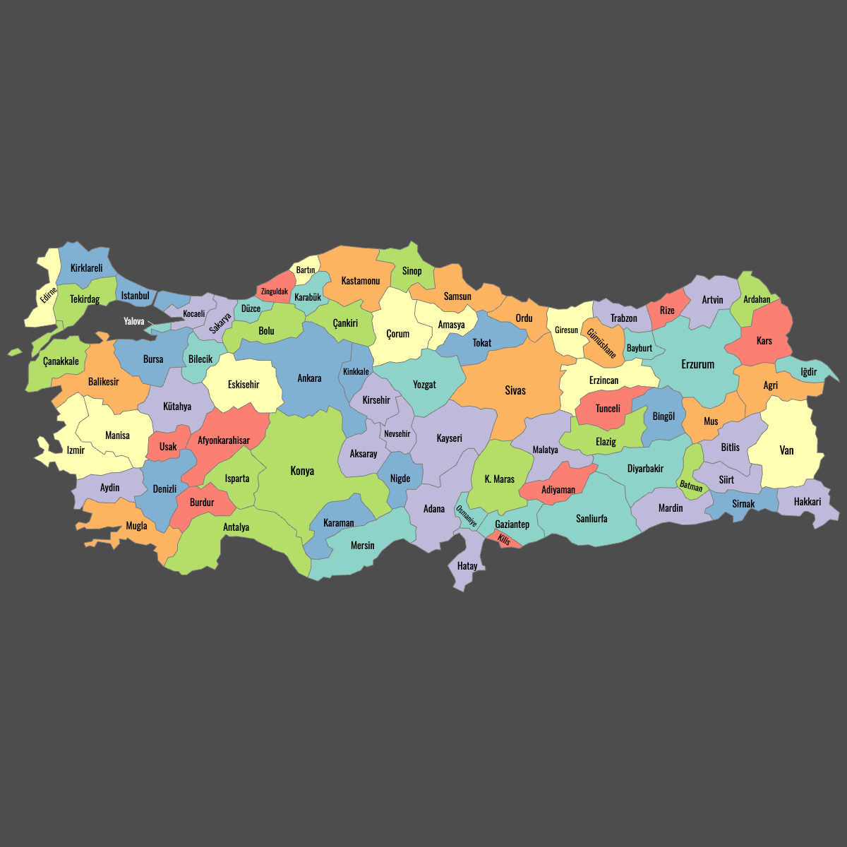 Colored Map of Turkey with Labels (Dark Theme)