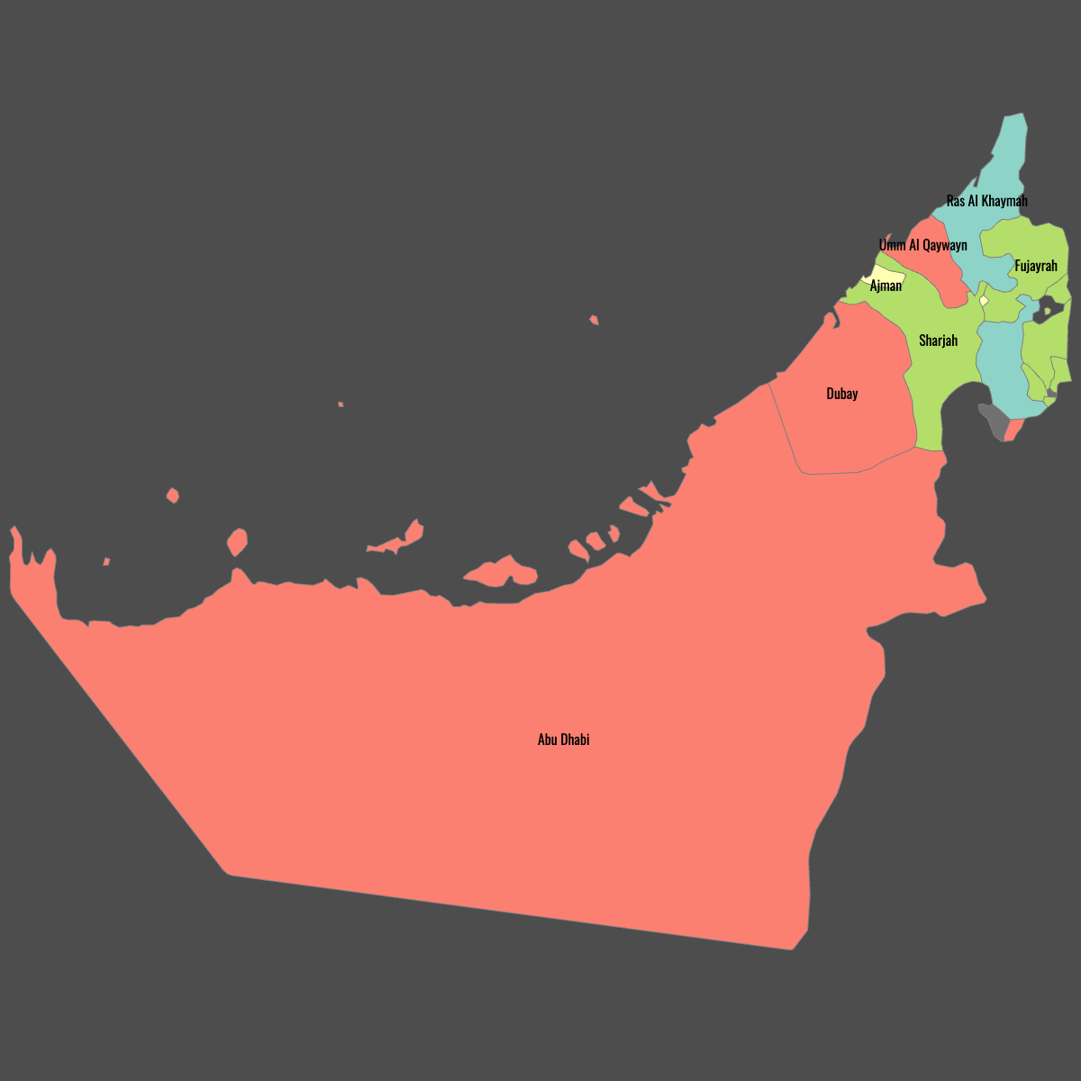 Colored Map of United Arab Emirates with Labels (Dark Theme)