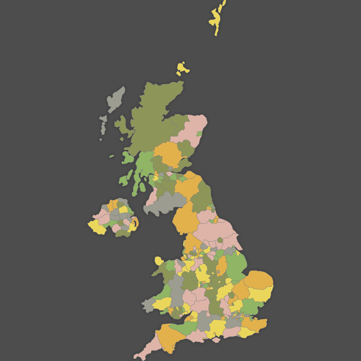 Colored Map of United Kingdom Counties (Dark Theme)