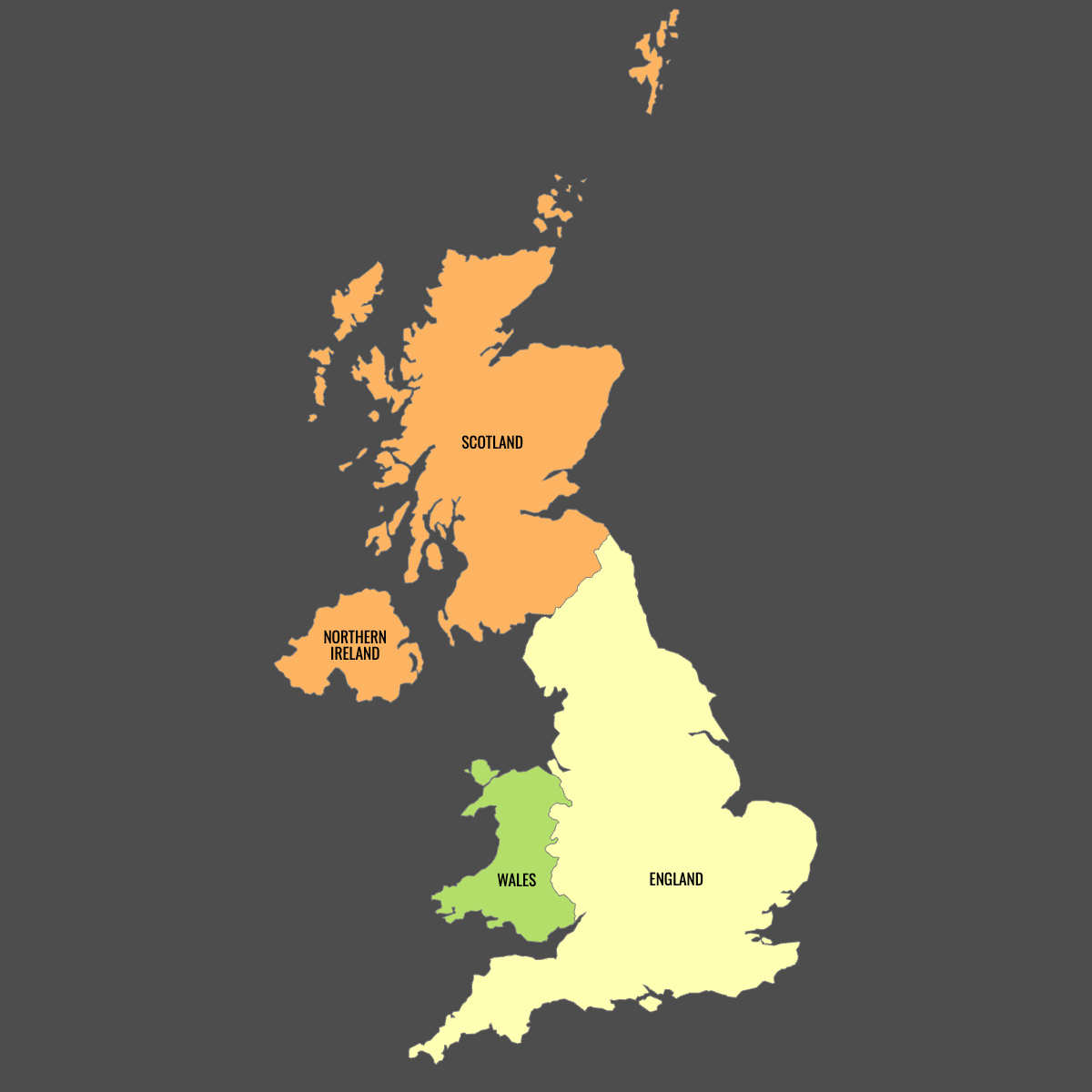 Colored Map of United Kindgdom Countries with Labels (Dark Theme)
