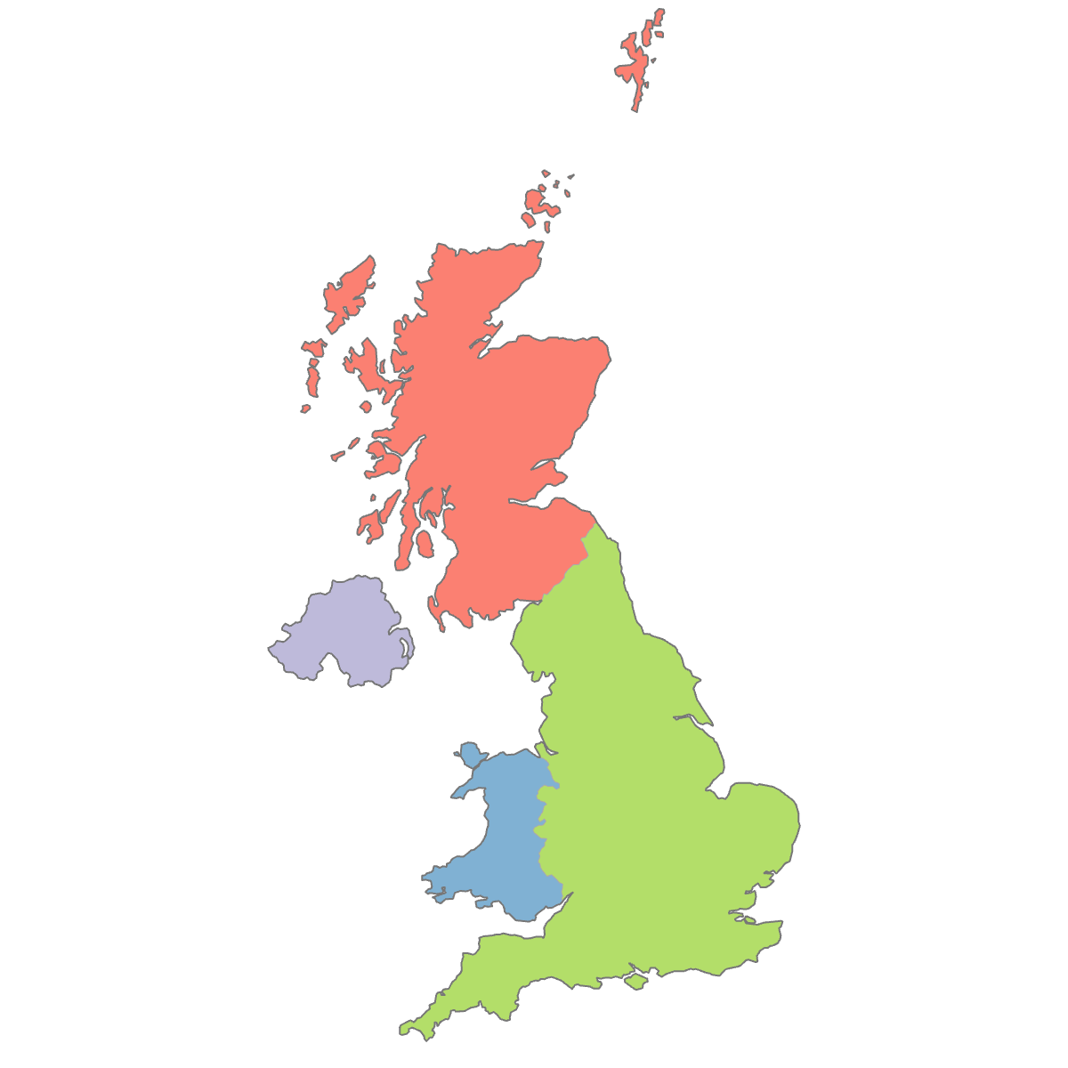 Colored Map of United Kindgdom Countries