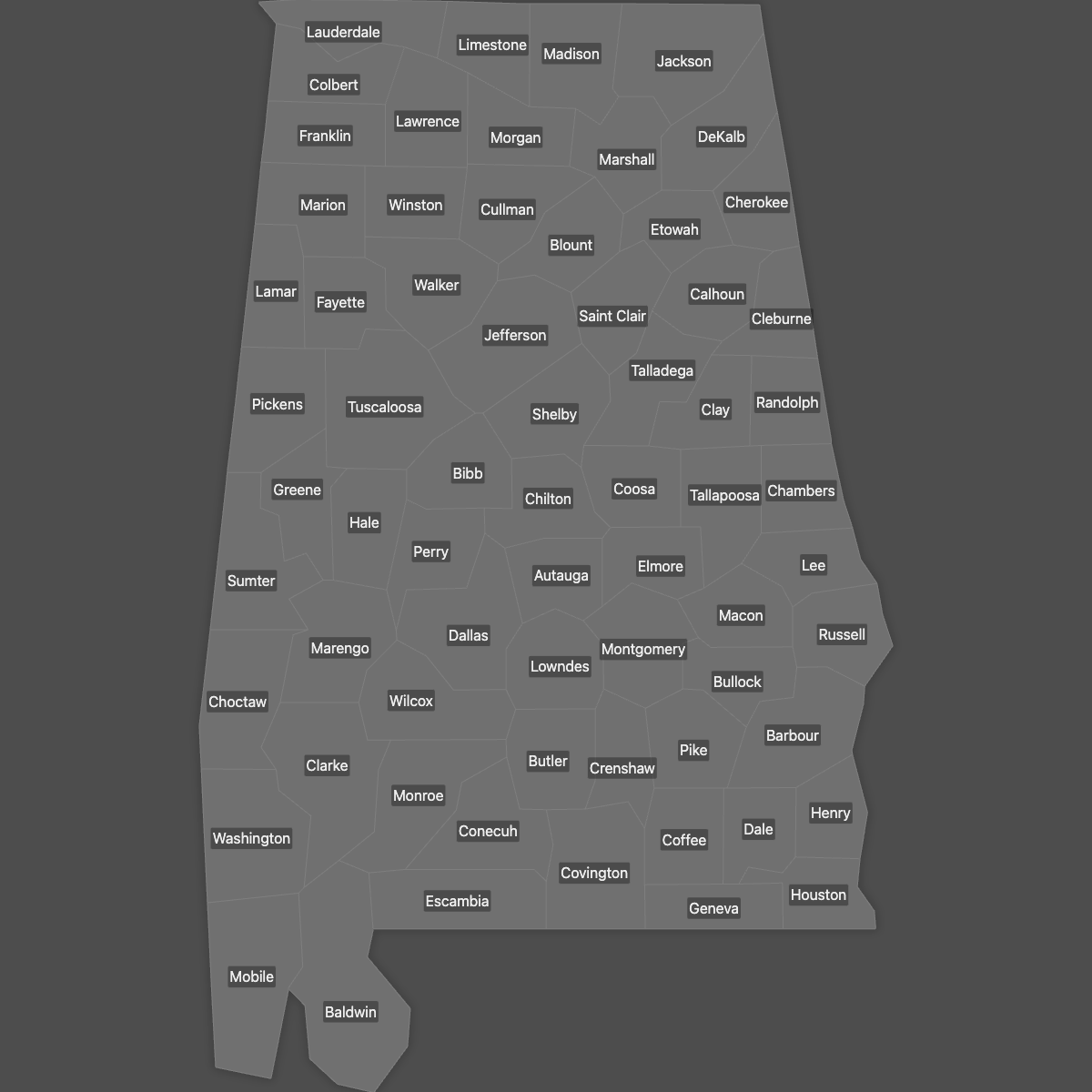 Blank Map of Alabama Counties with Labels (Dark Theme)