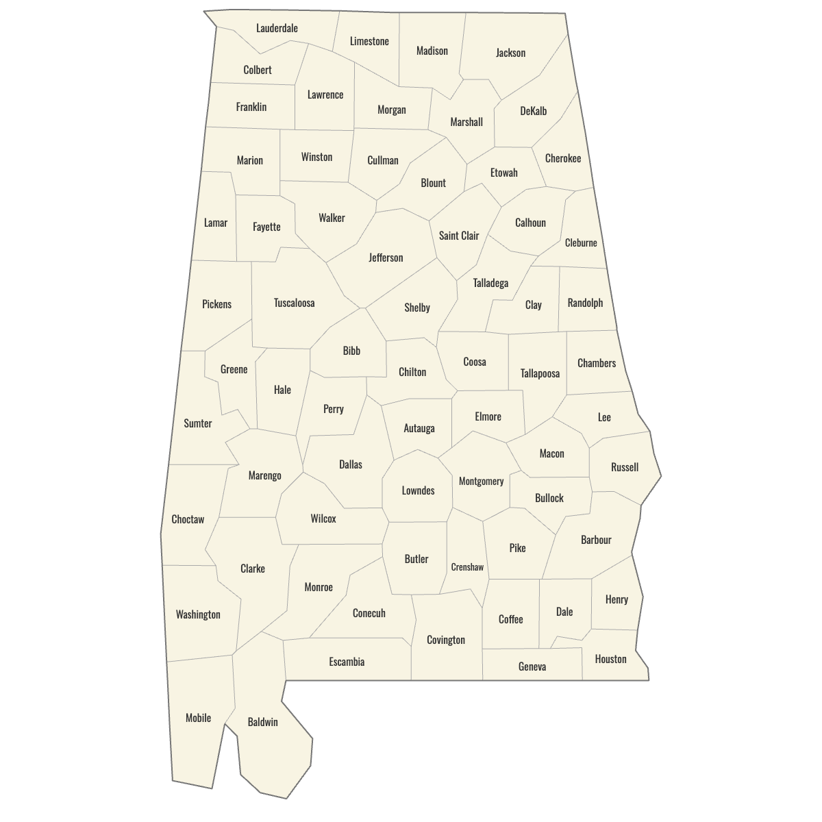 Blank Map of Alabama Counties with Labels