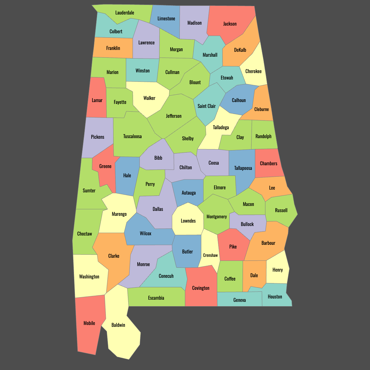 Colored Map of Alabama Counties with Labels (Dark Theme)