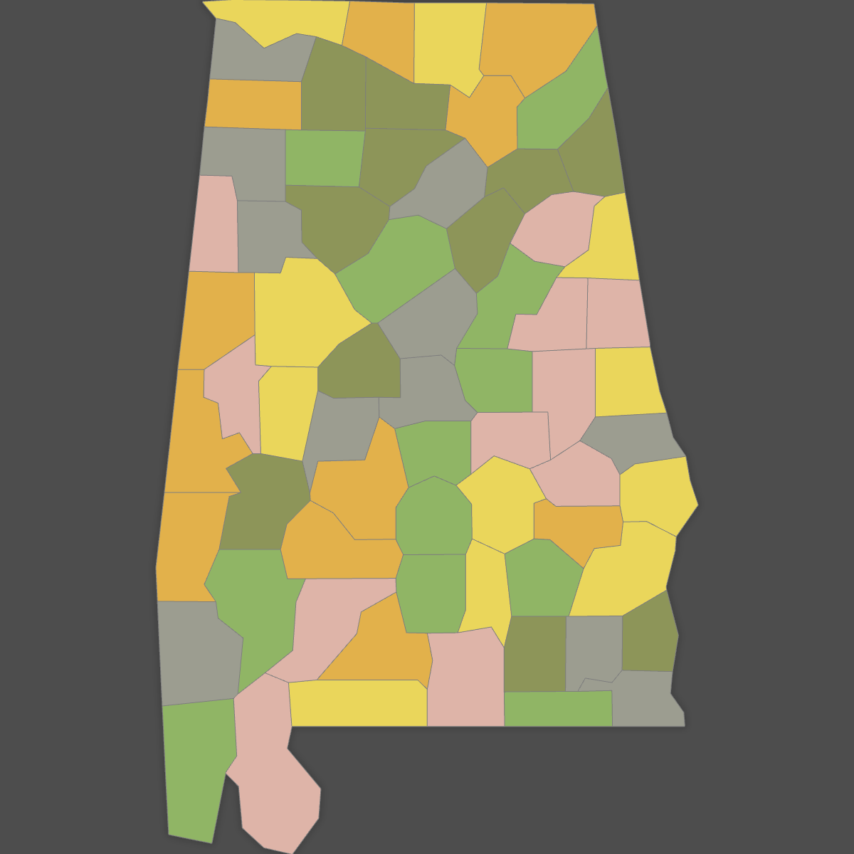 Colored Map of Alabama Counties (Dark Theme)