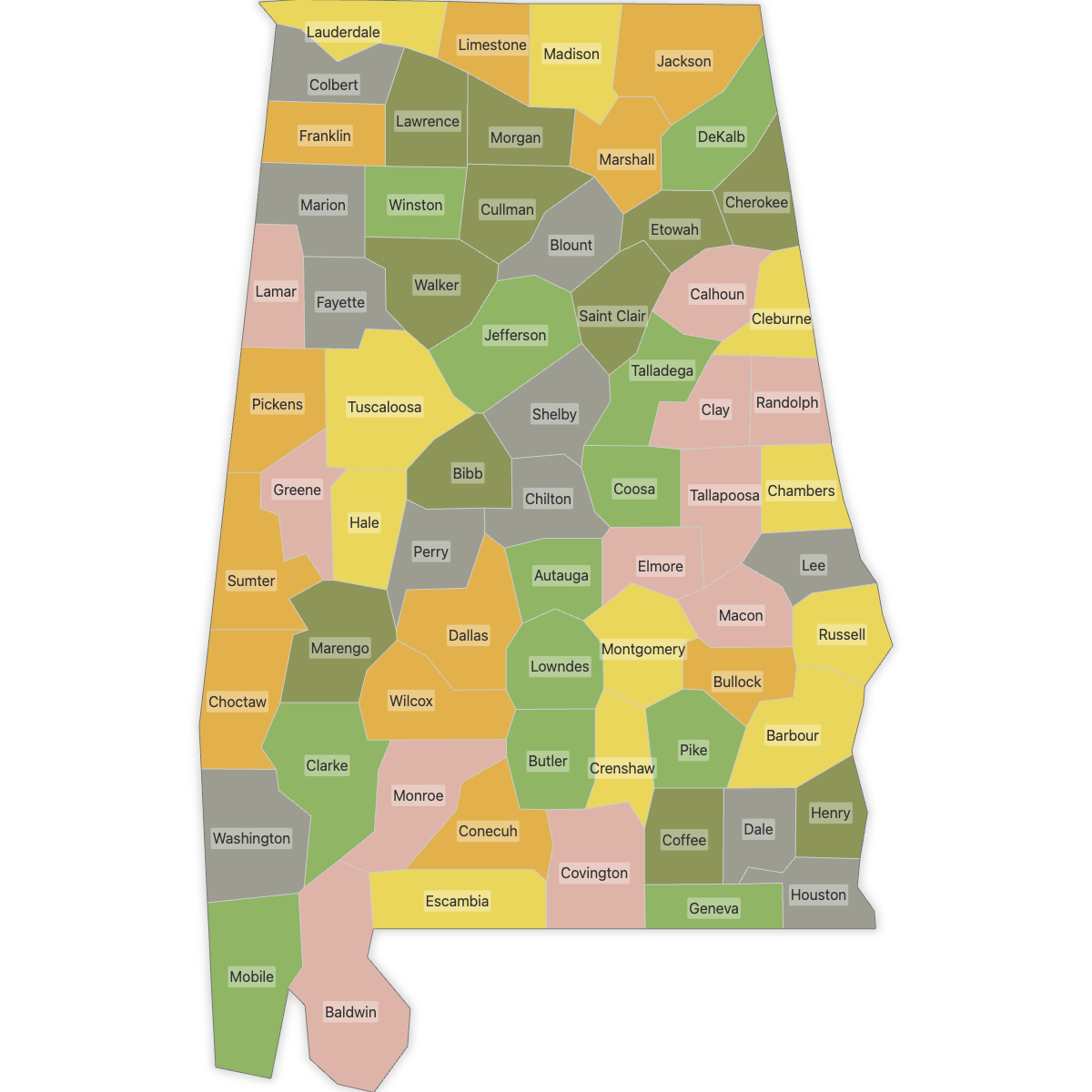 Colored Map of Alabama Counties with Labels