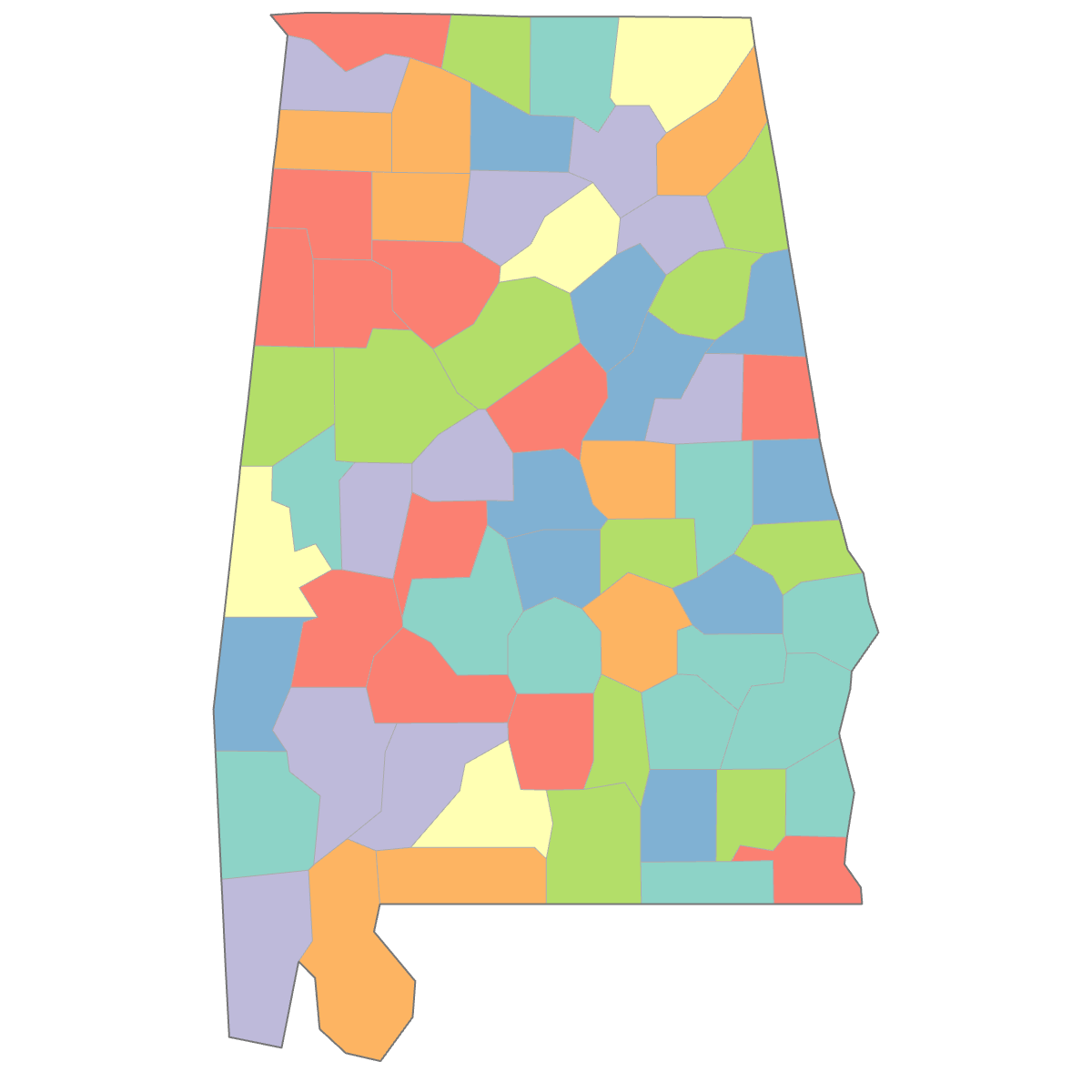 Colored Map of Alabama Counties