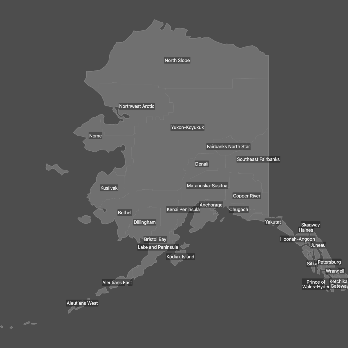 Blank Map of Alaska Counties with Labels (Dark Theme)