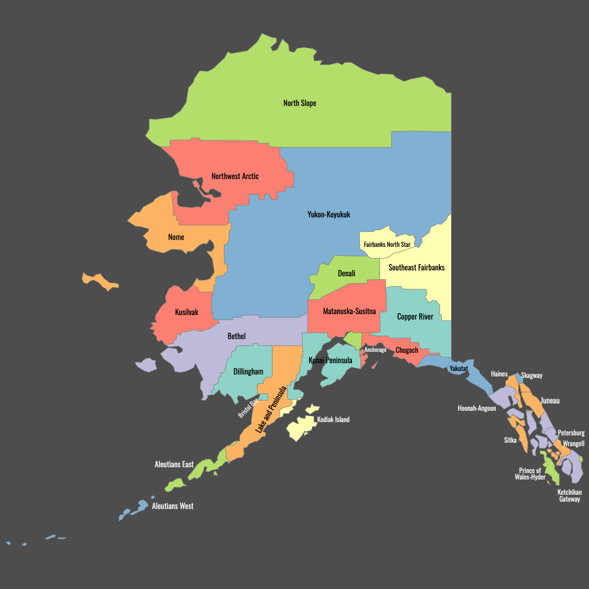 Colored Map of Alaska Counties with Labels (Dark Theme)