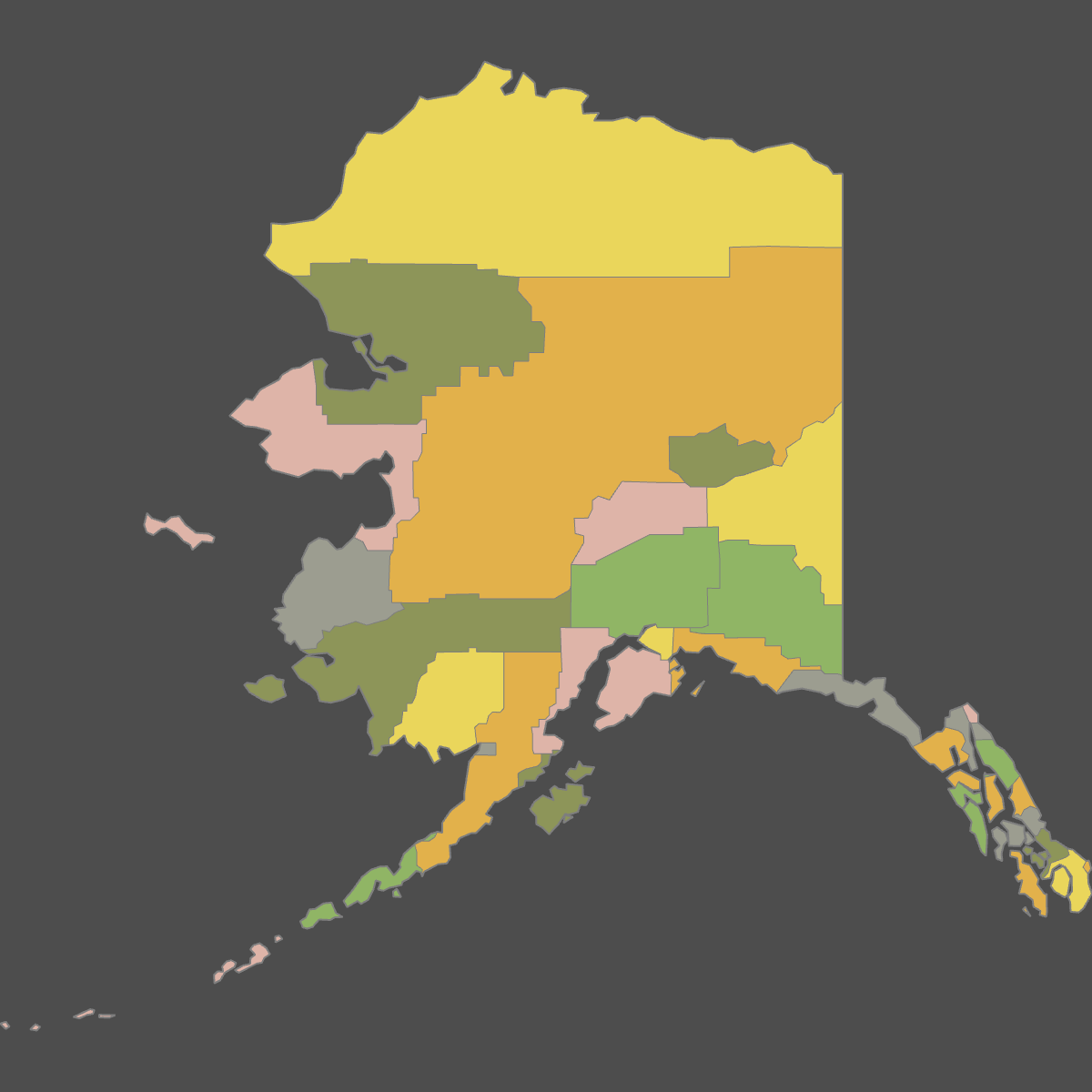 Colored Map of Alaska Counties (Dark Theme)