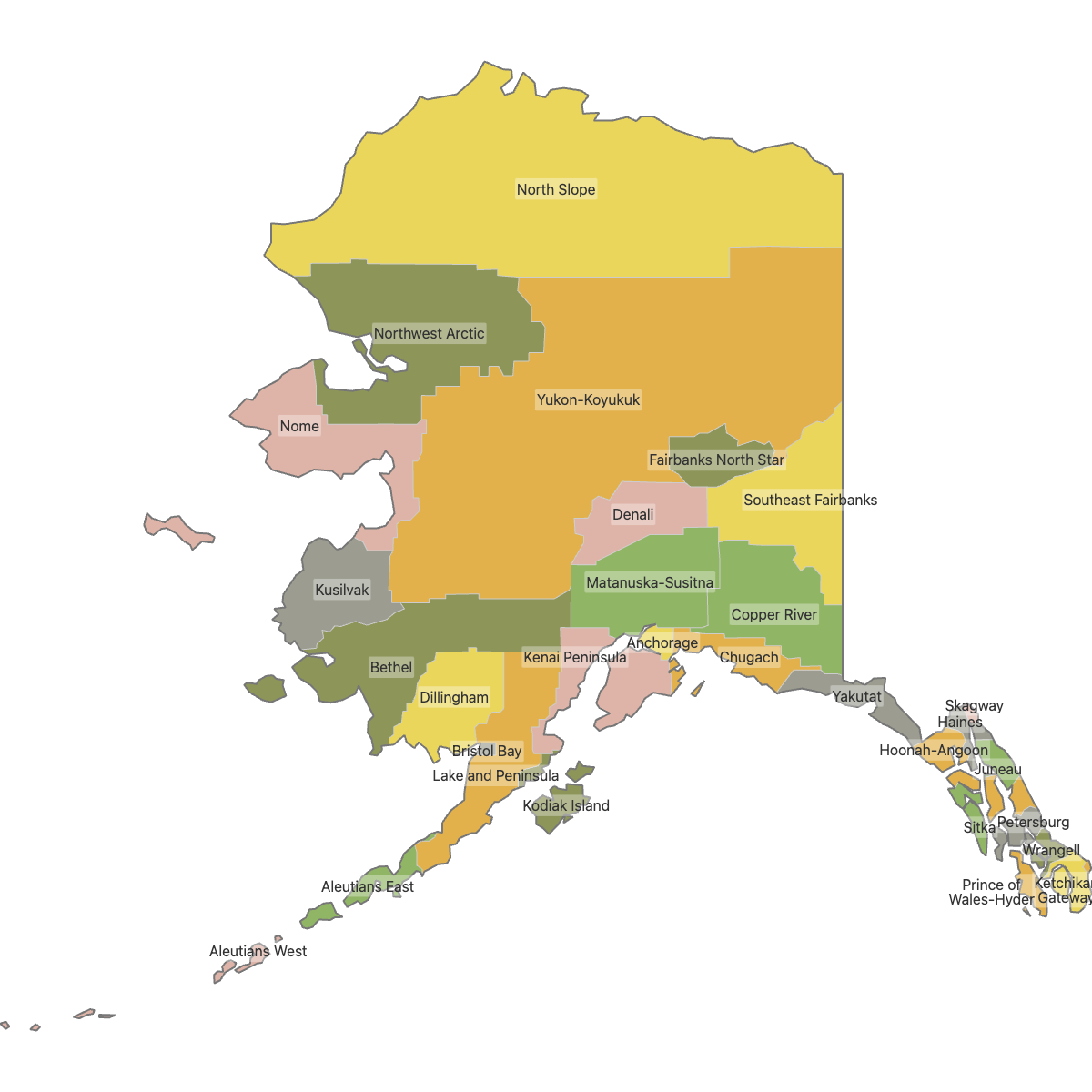 Colored Map of Alaska Counties with Labels