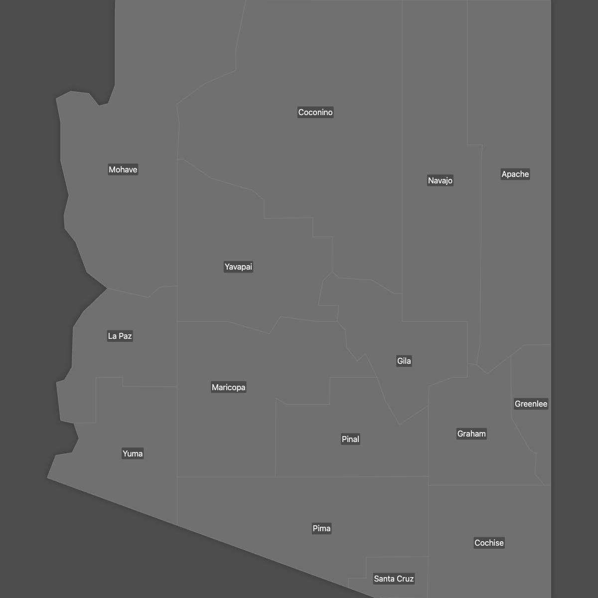 Blank Map of Arizona Counties with Labels (Dark Theme)