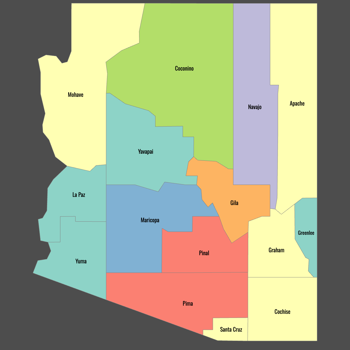 Colored Map of Arizona Counties with Labels (Dark Theme)