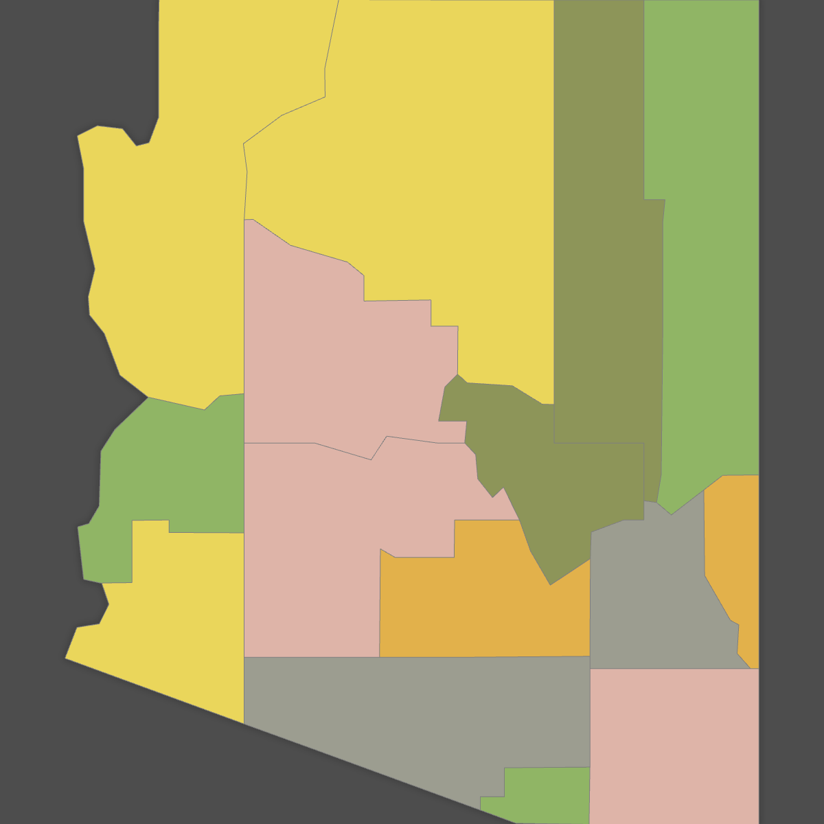 Colored Map of Arizona Counties (Dark Theme)