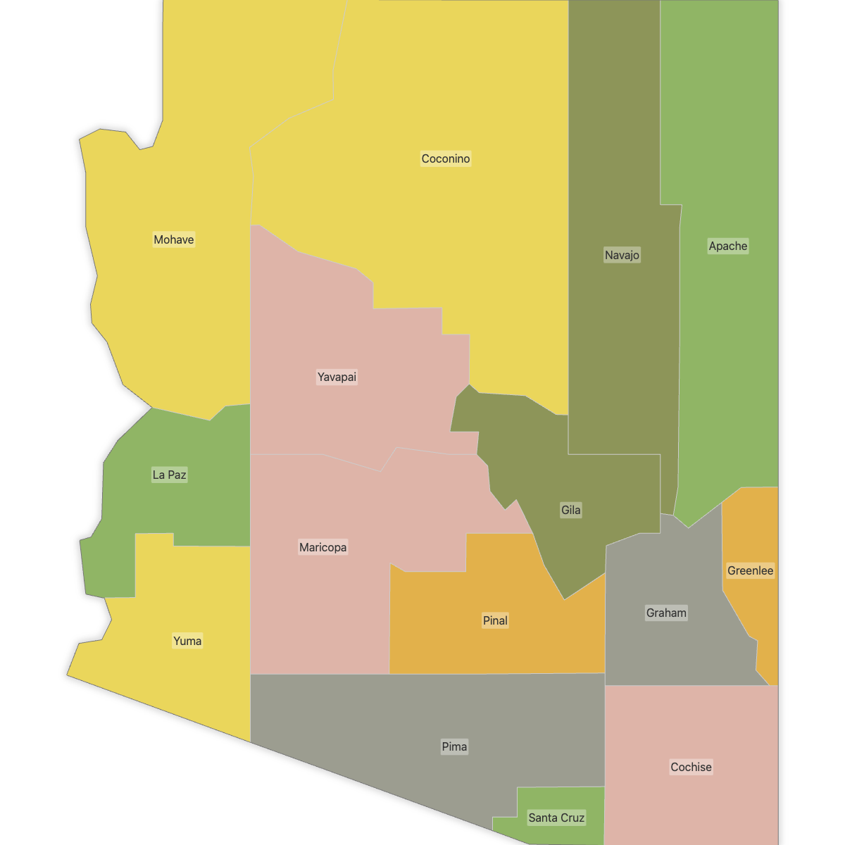 Colored Map of Arizona Counties with Labels