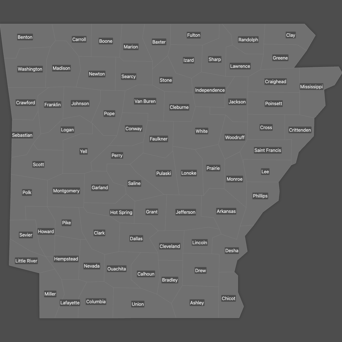 Blank Map of Arkansas Counties with Labels (Dark Theme)