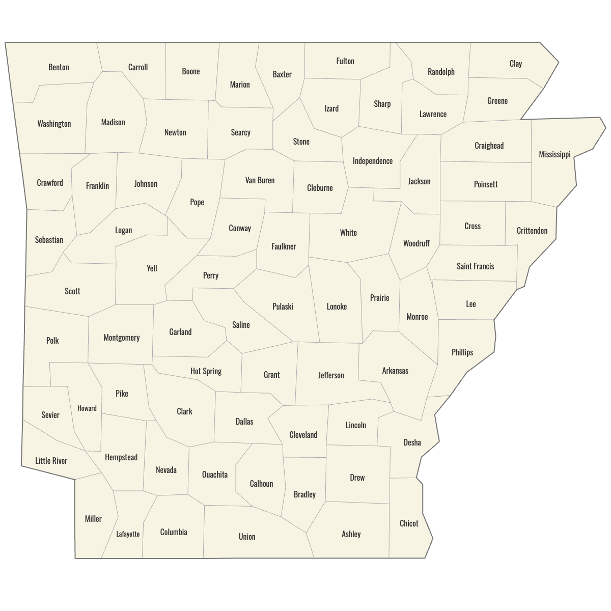 Blank Map of Arkansas Counties with Labels