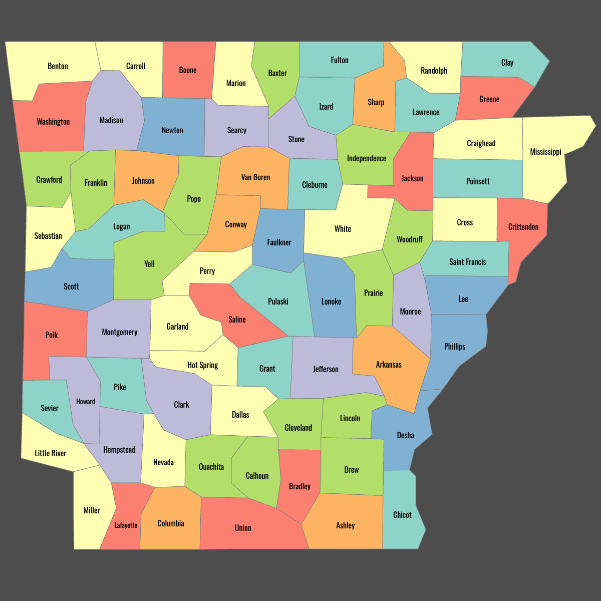 Colored Map of Arkansas Counties with Labels (Dark Theme)